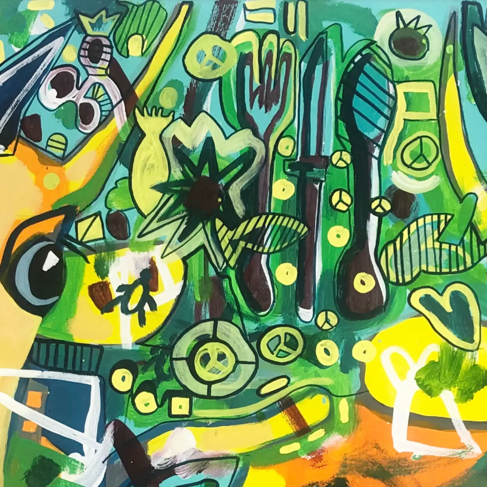 Detail grüne Pflanzen und Symbole, Pop Art Acrylgemälde Just Us Two – Electric Jungle Vibes, Fredi Gertsch, 2020