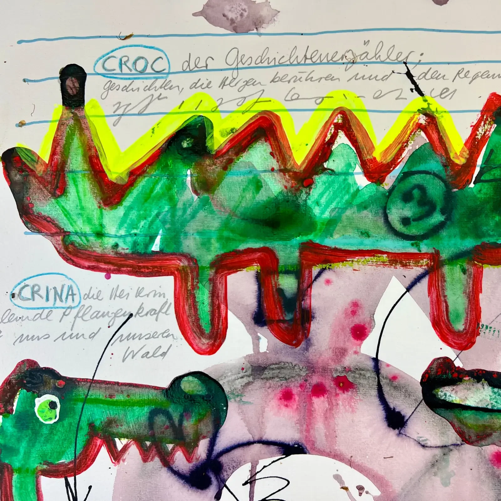 Detail Krokodil mit gelbem Rücken, Mixed Media Pop Art Crocodile Notes, Fredi Gertsch, 2024