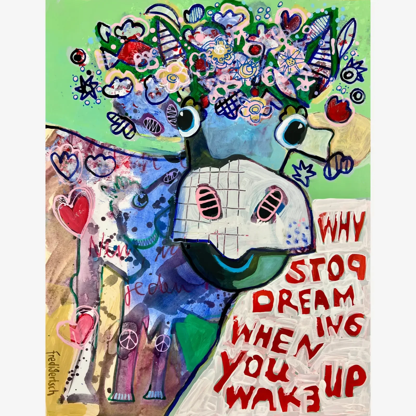 VogelLisi – Flower Mind, Pop Art Acrylgemälde auf Papier mit Kuh, Blumenkranz, Spruch „Why stop dreaming when you wake up“, Fredi Gertsch, 2026