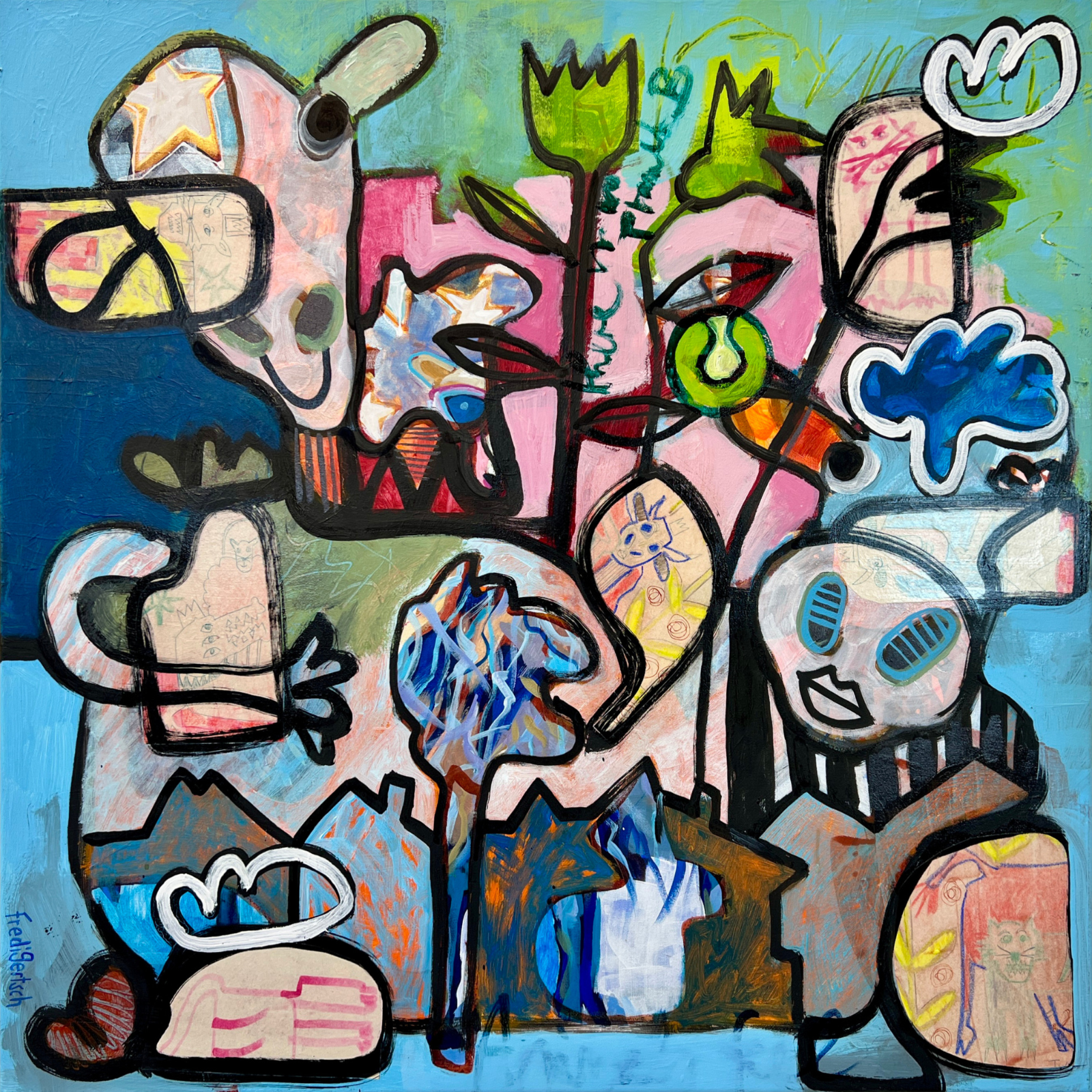The Wild Gathering, farbenfrohes abstrakt-figuratives Originalgemälde von Fredi Gertsch mit Tieren, Figuren, Kronen und Blumen, 80 × 80 cm