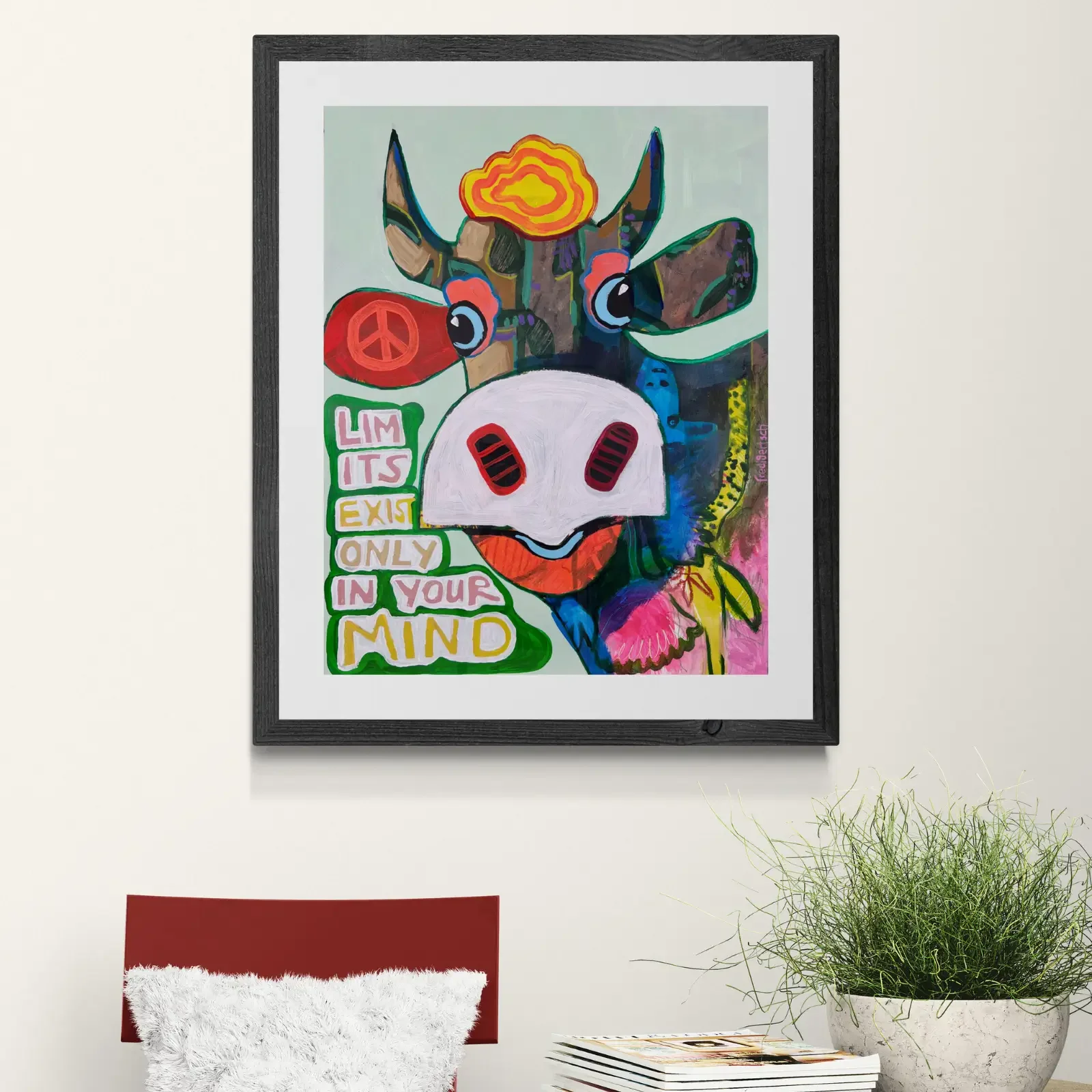 VogelLisi – Limits Exist Only in Your Mind by Fredi Gertsch, pop art wall art framed in a room, 2026