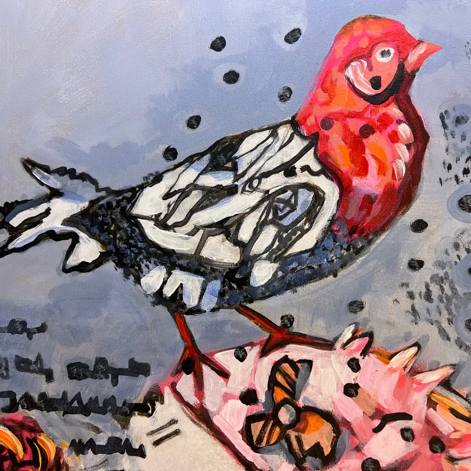 Detail Vogel mit rotem Kopf, Pop Art Acrylgemälde Baby Bird, Fredi Gertsch, 2023