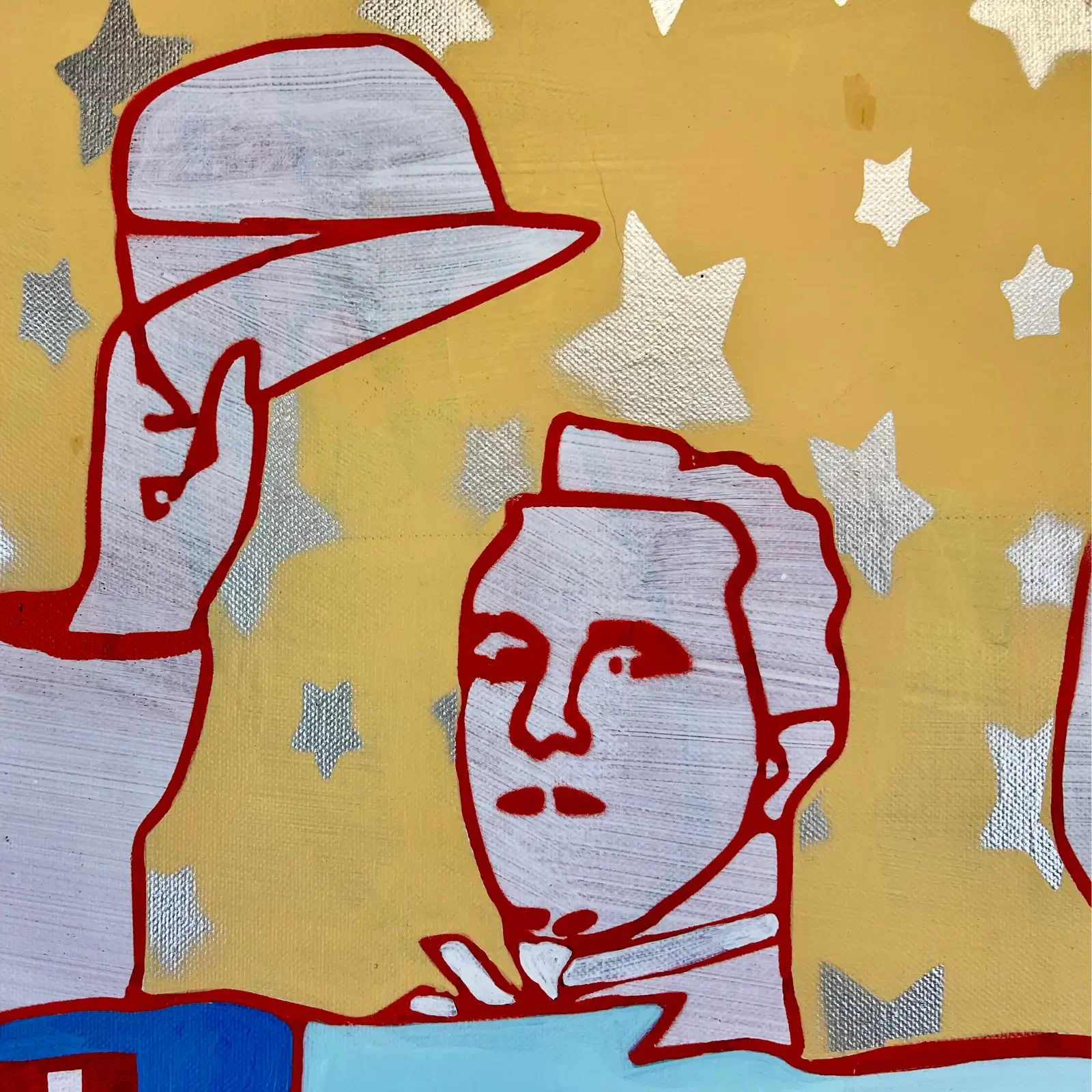 Detail Portraits von Stan Laurel, Oliver Hardy und Charlie Chaplin mit goldenen Sternen, Pop Art Acrylgemälde Stars & Legends, Fredi Gertsch, 2018