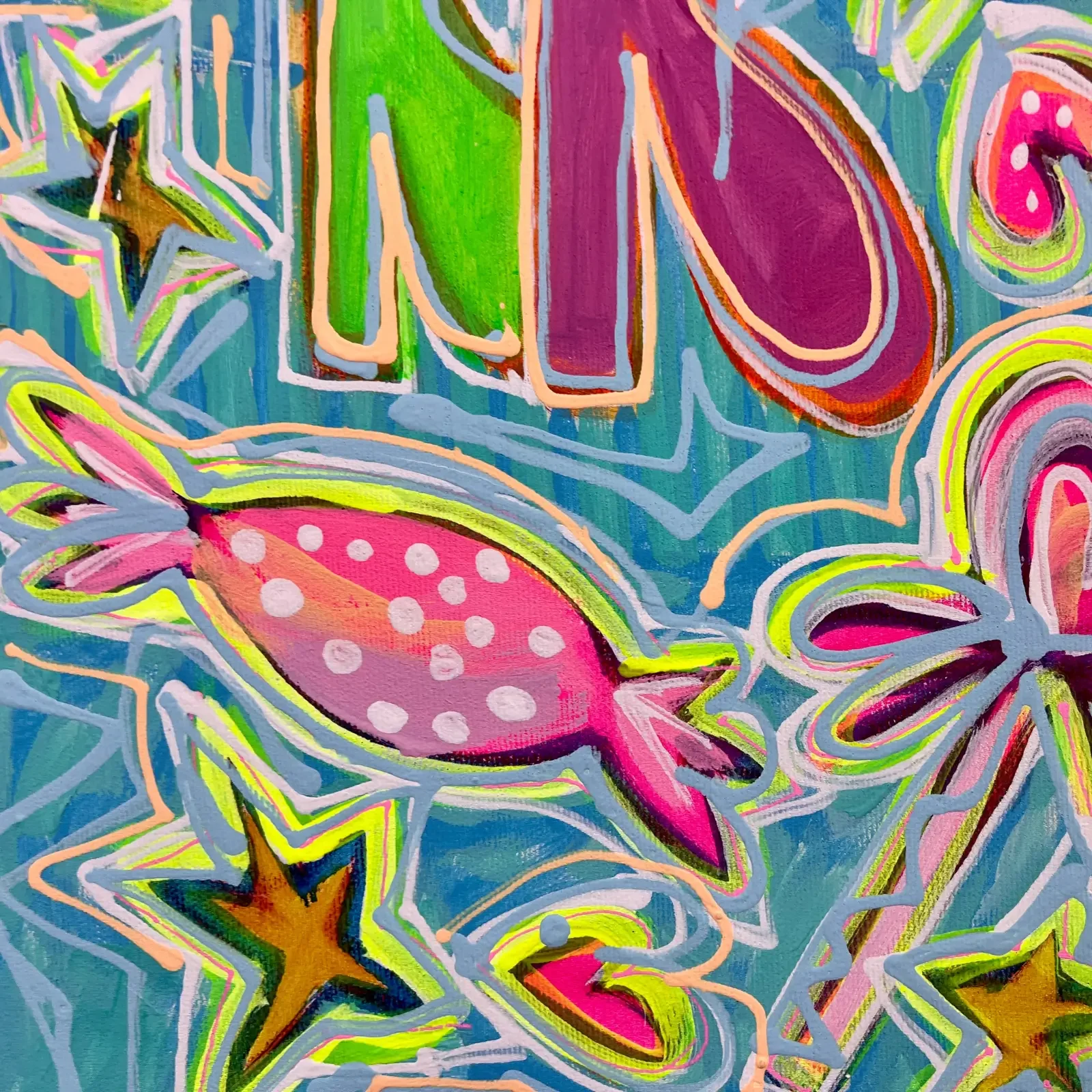 Detail pinkes Bonbon und gelbe Sterne, Pop Art Acrylgemälde Sugar & Candy, Fredi Gertsch, 2024