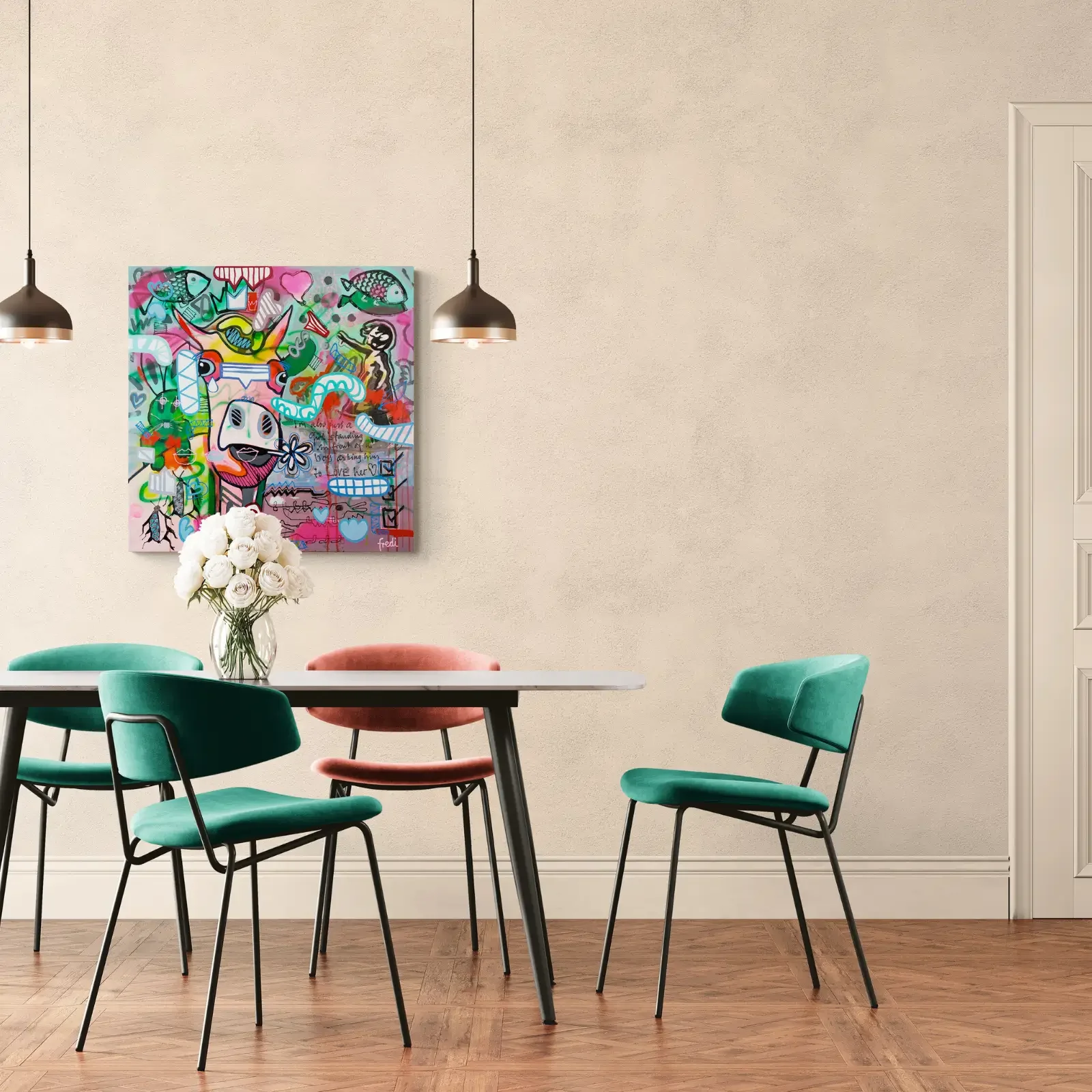 Baby Meets Banksy von Fredi Gertsch, Pop Art Kuhgemälde als Wandbild im modernen Esszimmer, Schweizer Kunst, 2024