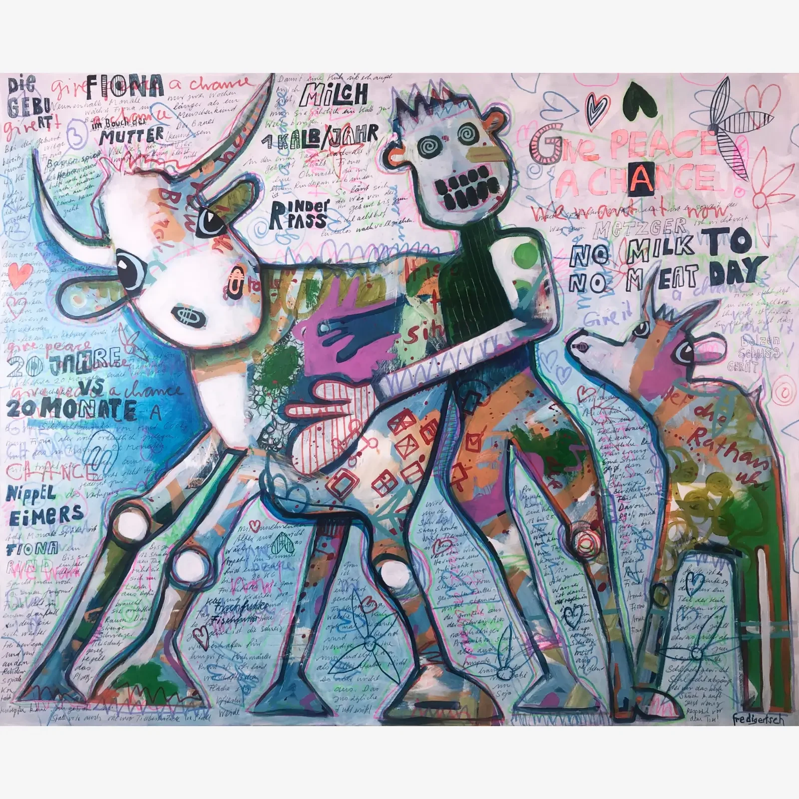 Fiona’s Life, Mixed Media Pop Art Kunstwerk auf Leinwand mit Kuhfamilie, handgeschriebenen Texten und bunten Farben, Fredi Gertsch, 2019