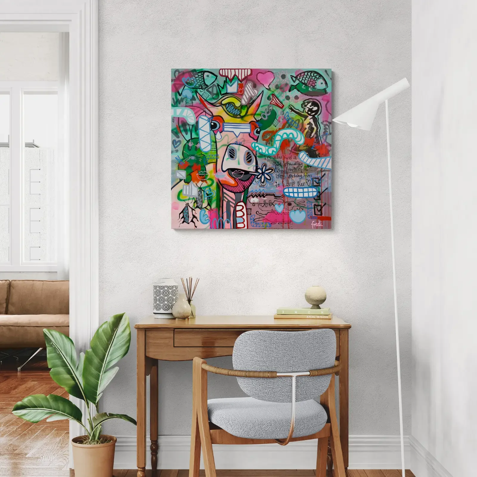 Baby Meets Banksy, Pop Art Acrylgemälde von Fredi Gertsch, Wandbild im Home Office, Collage-Stil, 2024