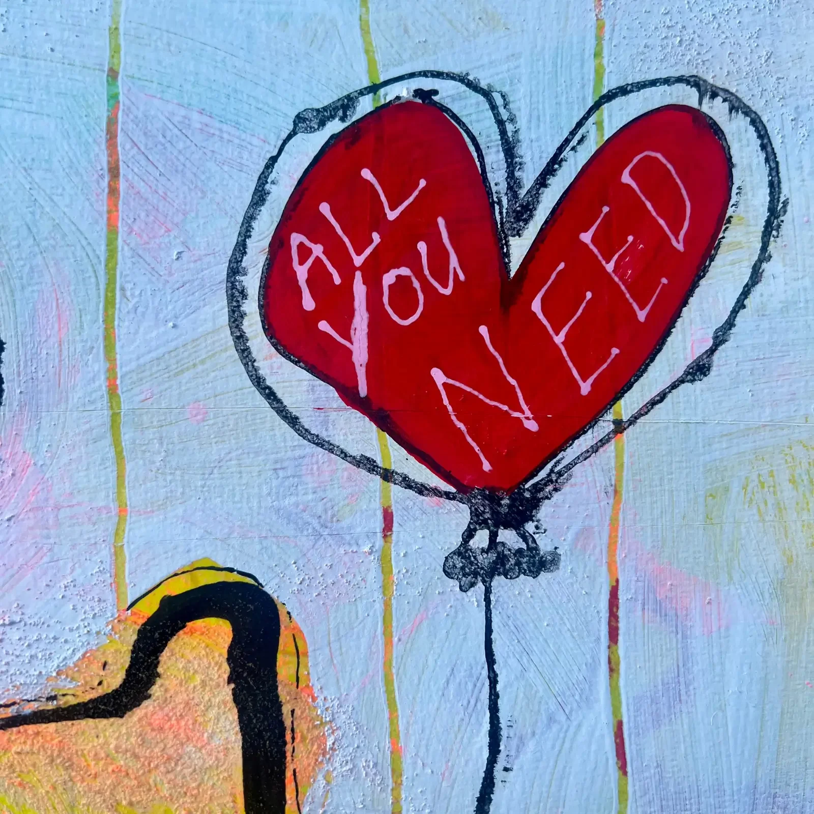 Detail Herzballon mit Schriftzug "All you need", Pop Art Acrylgemälde Baby Love Balloon, Fredi Gertsch