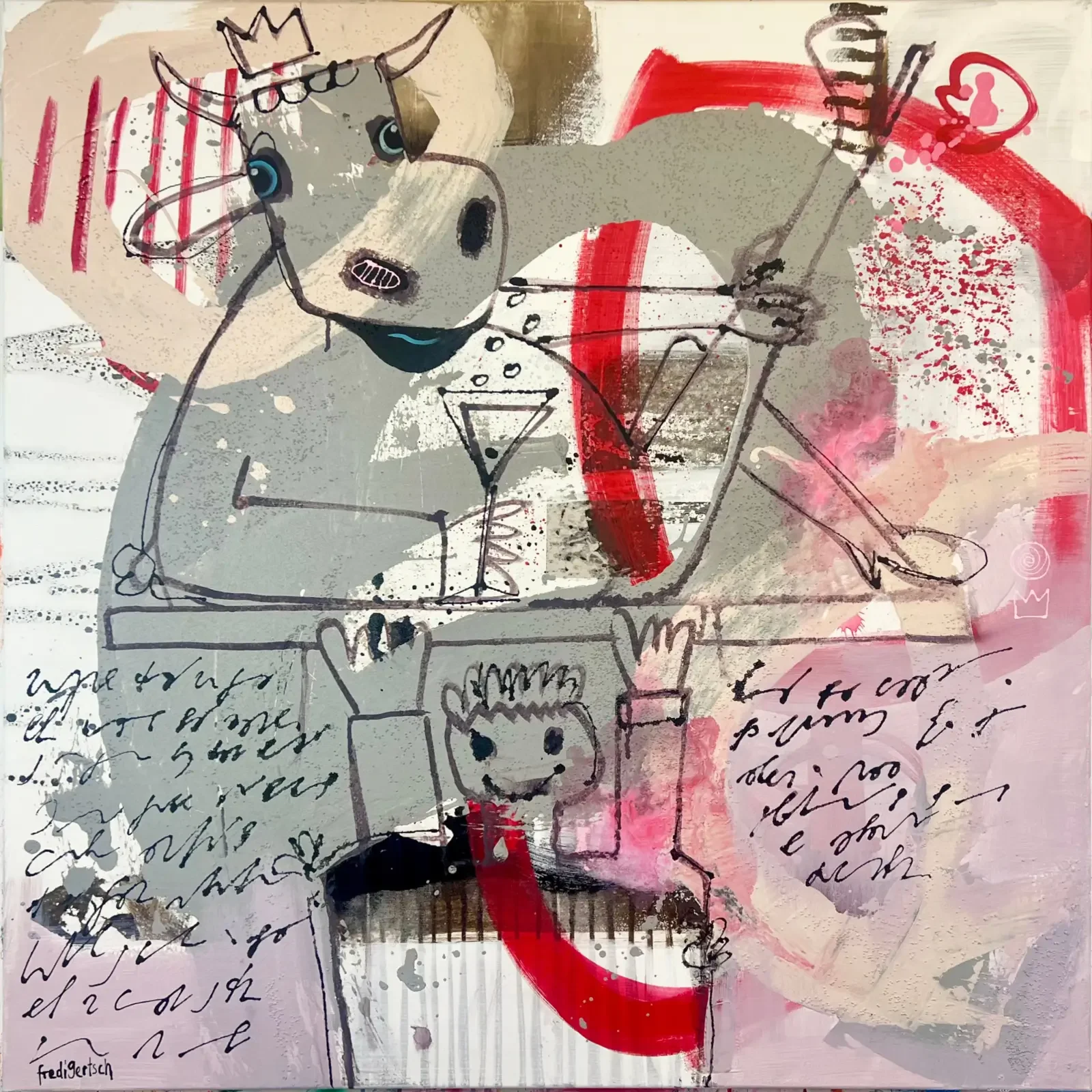 It’s A Tricky Situation, Pop Art Acrylgemälde mit Kuh und Krone, Collage-Stil, rote Akzente, Fredi Gertsch, 2024