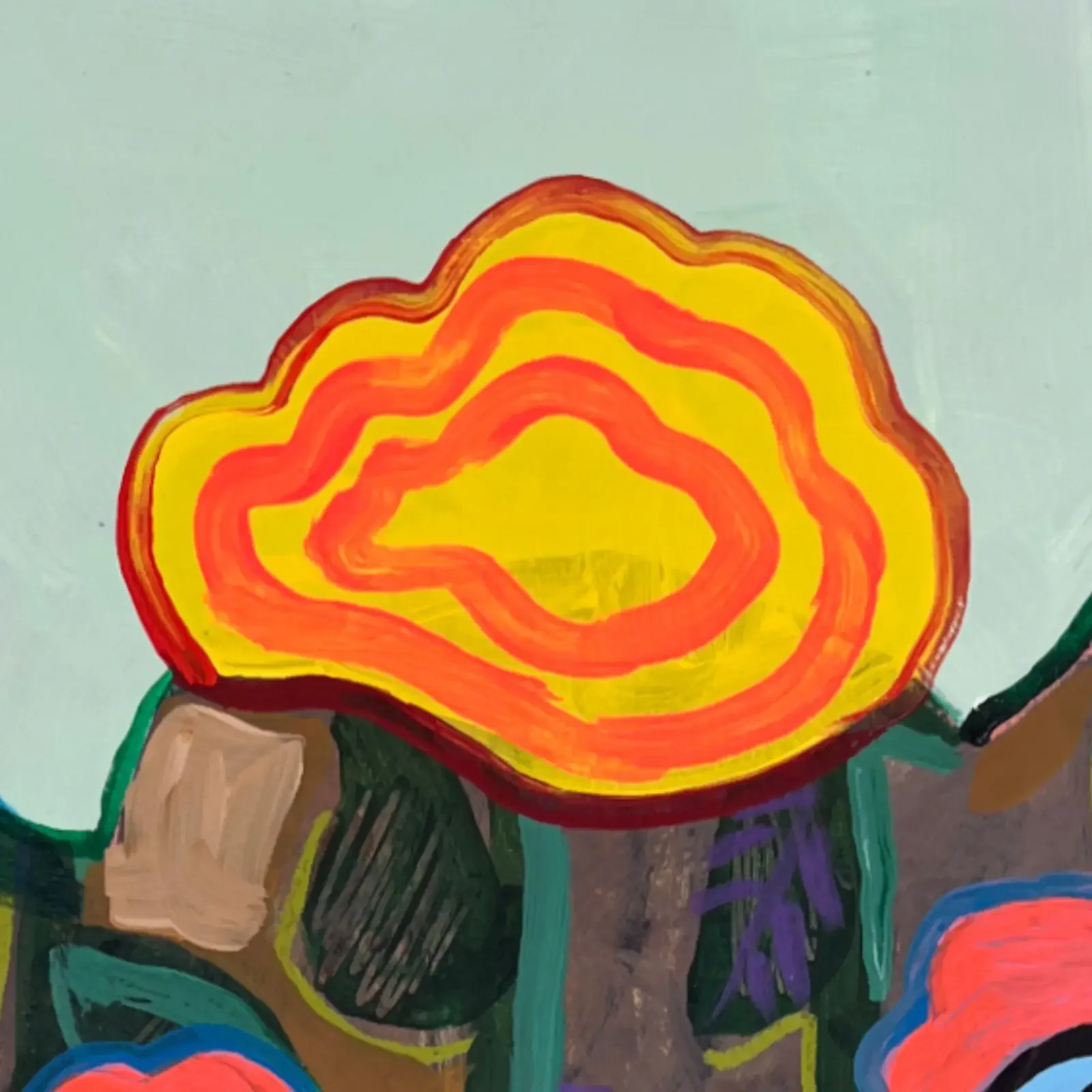 Detail of orange-yellow crown shape, pop art acrylic painting VogelLisi, Fredi Gertsch, 2026
