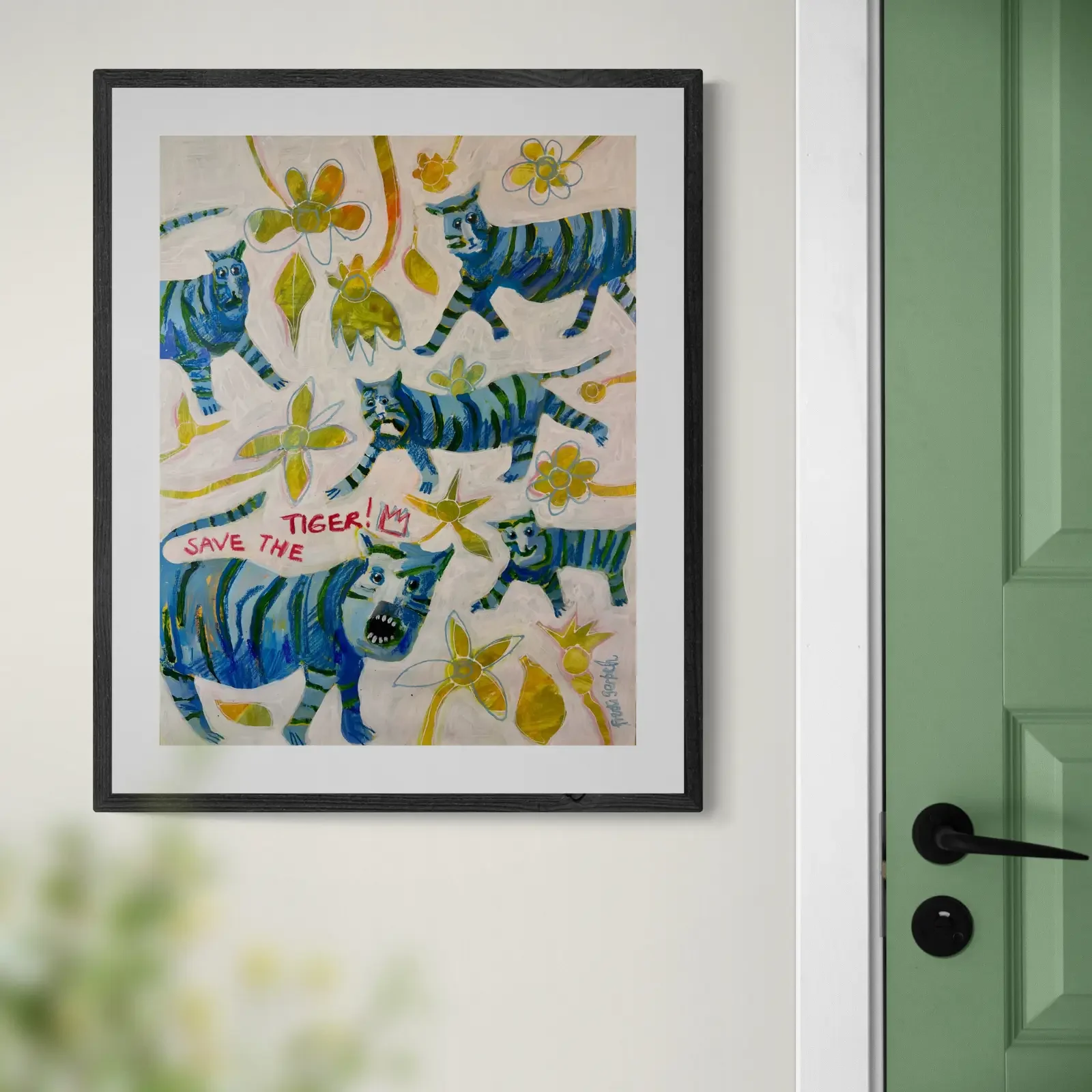 Save The Blue Tiger von Fredi Gertsch, Pop Art Acrylgemälde als Wandbild im modernen Flur, 2024