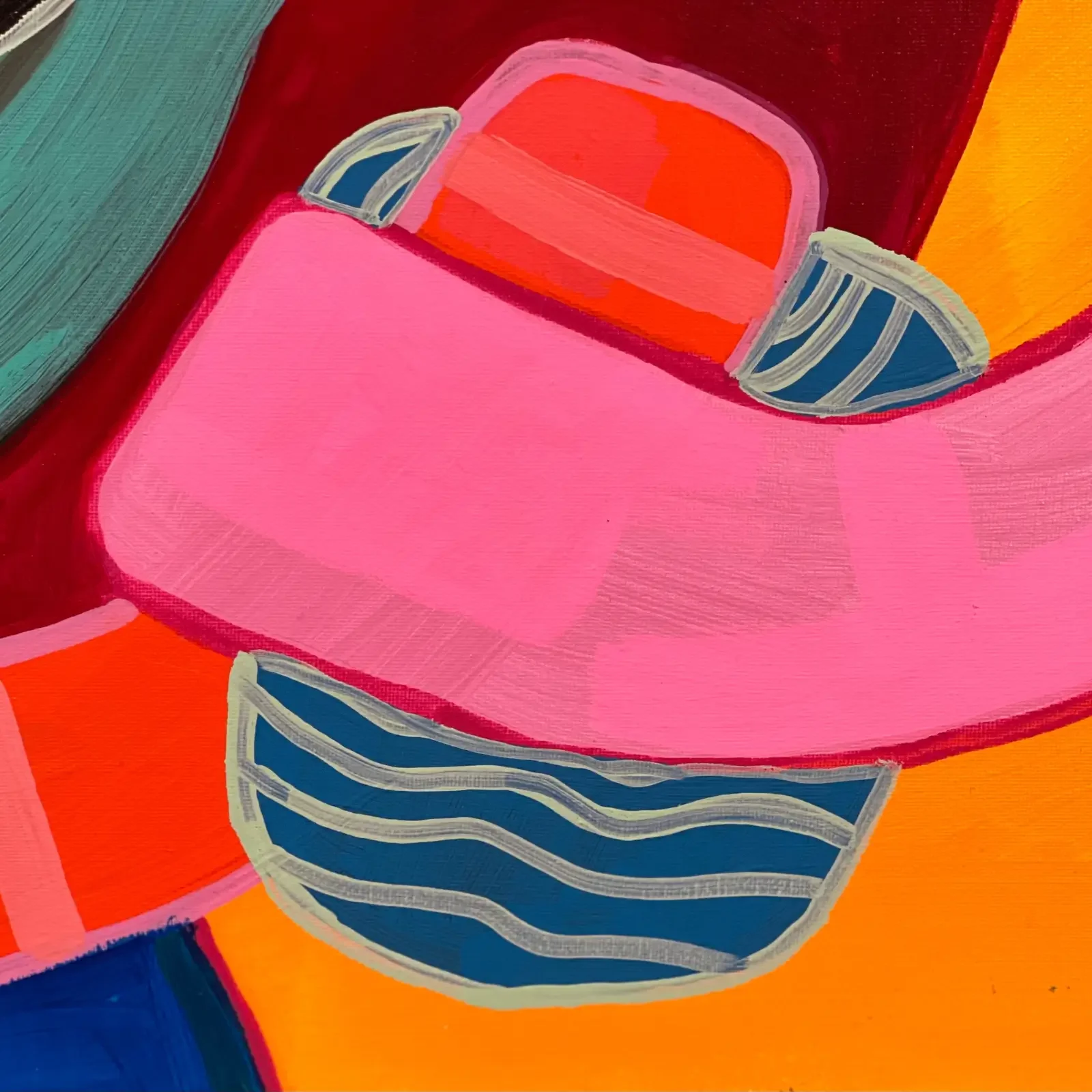 Detail pinkes Element und Farbfelder, Pop Art Acrylgemälde VogelLisi – No Milk Today, Fredi Gertsch, 2023