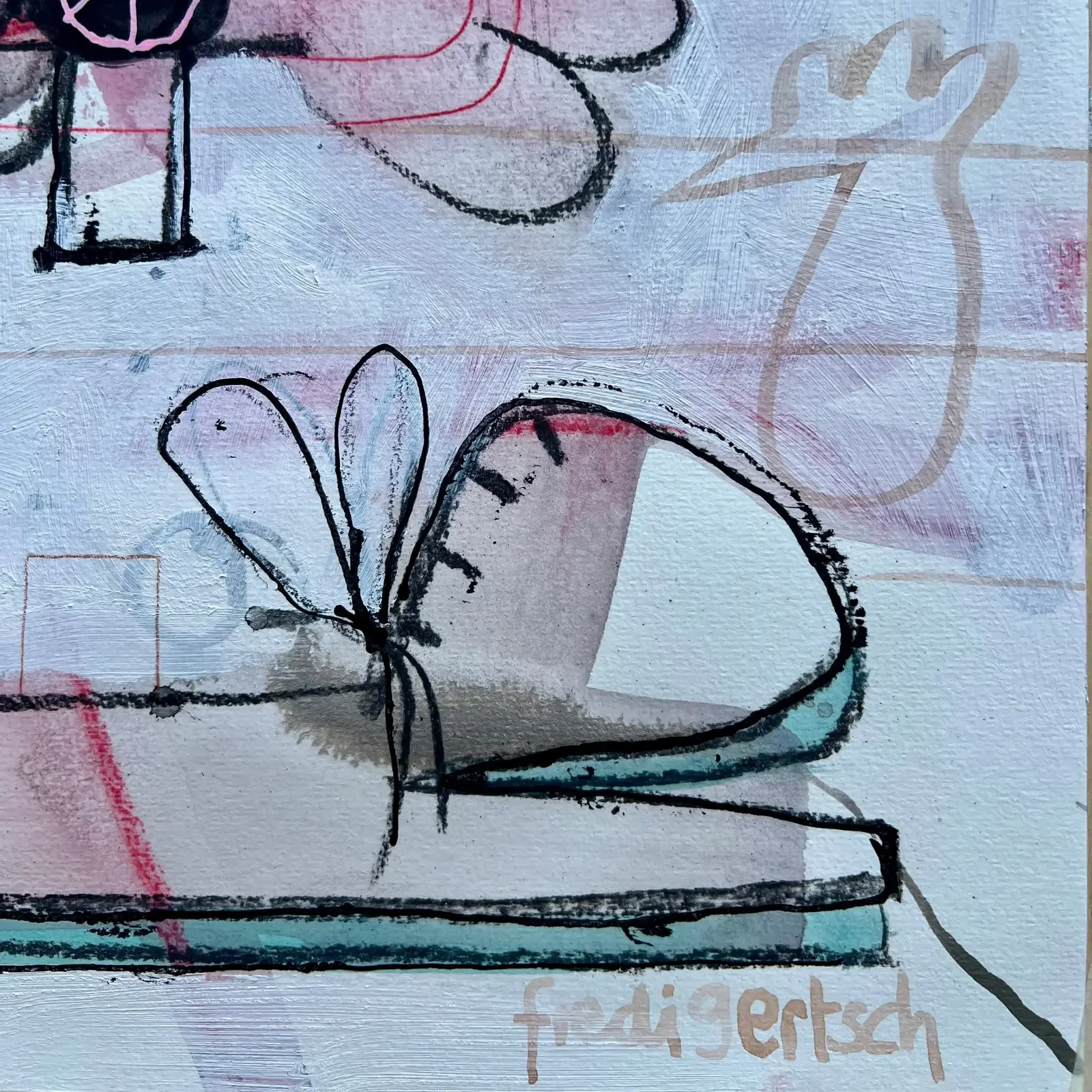 Detail Schmetterling und Signatur, Pop Art Acrylgemälde Herz über Wolken, Fredi Gertsch, 2024