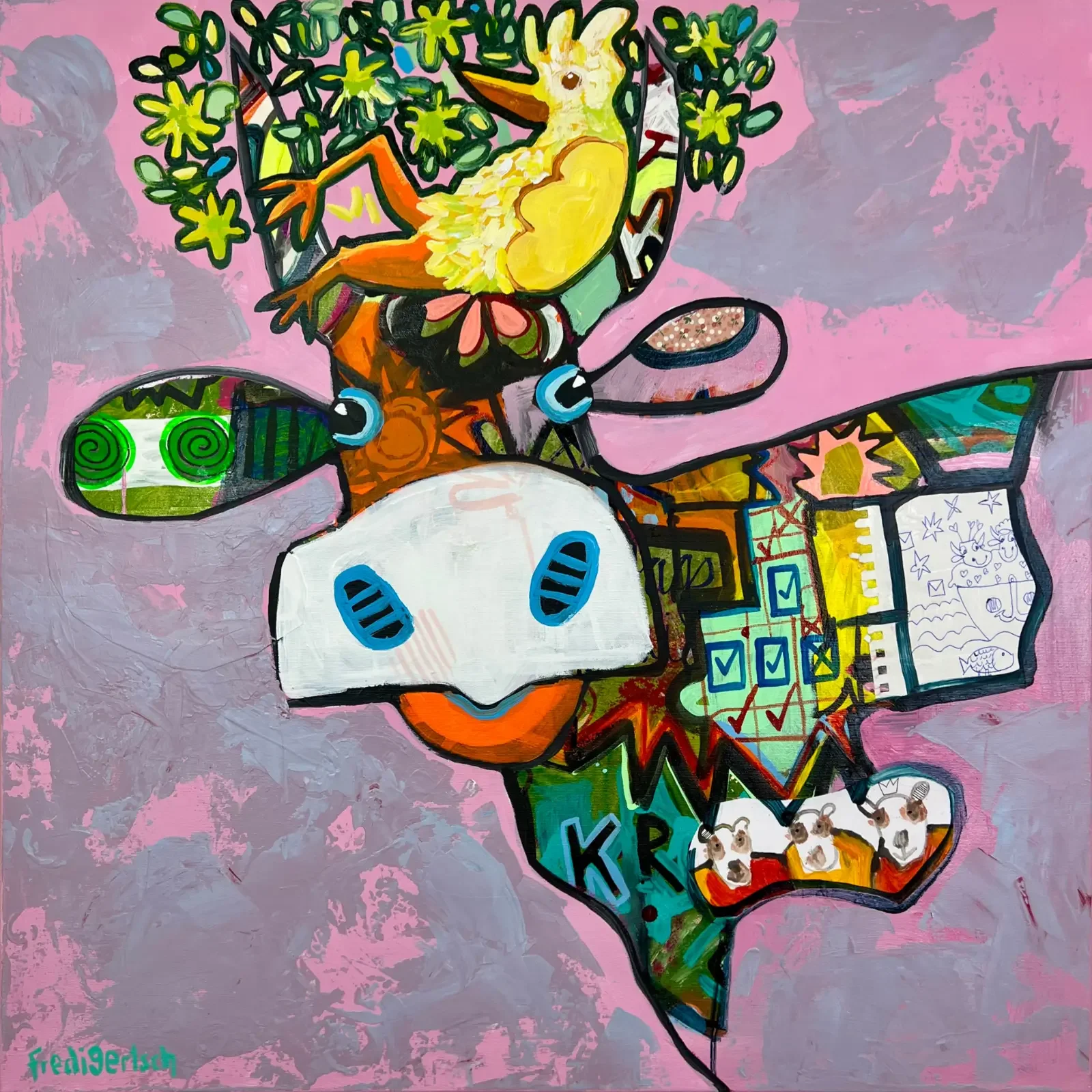 VogelLisi – Bird on Bloom, Pop Art Acrylgemälde auf Leinwand 80 x 80 cm in Pink mit VogelLisi, Blumenkrone und gelbem Vogel, Fredi Gertsch, 2026