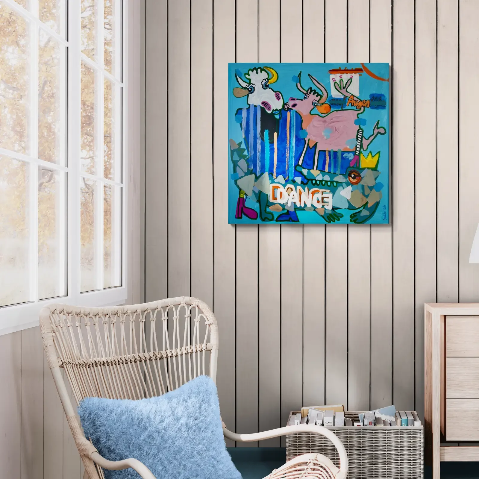 Tanz auf dem Krokodil von Fredi Gertsch, Pop Art Wandbild 80 x 80 cm im Wohnzimmer, Schweizer Kunst, 2026