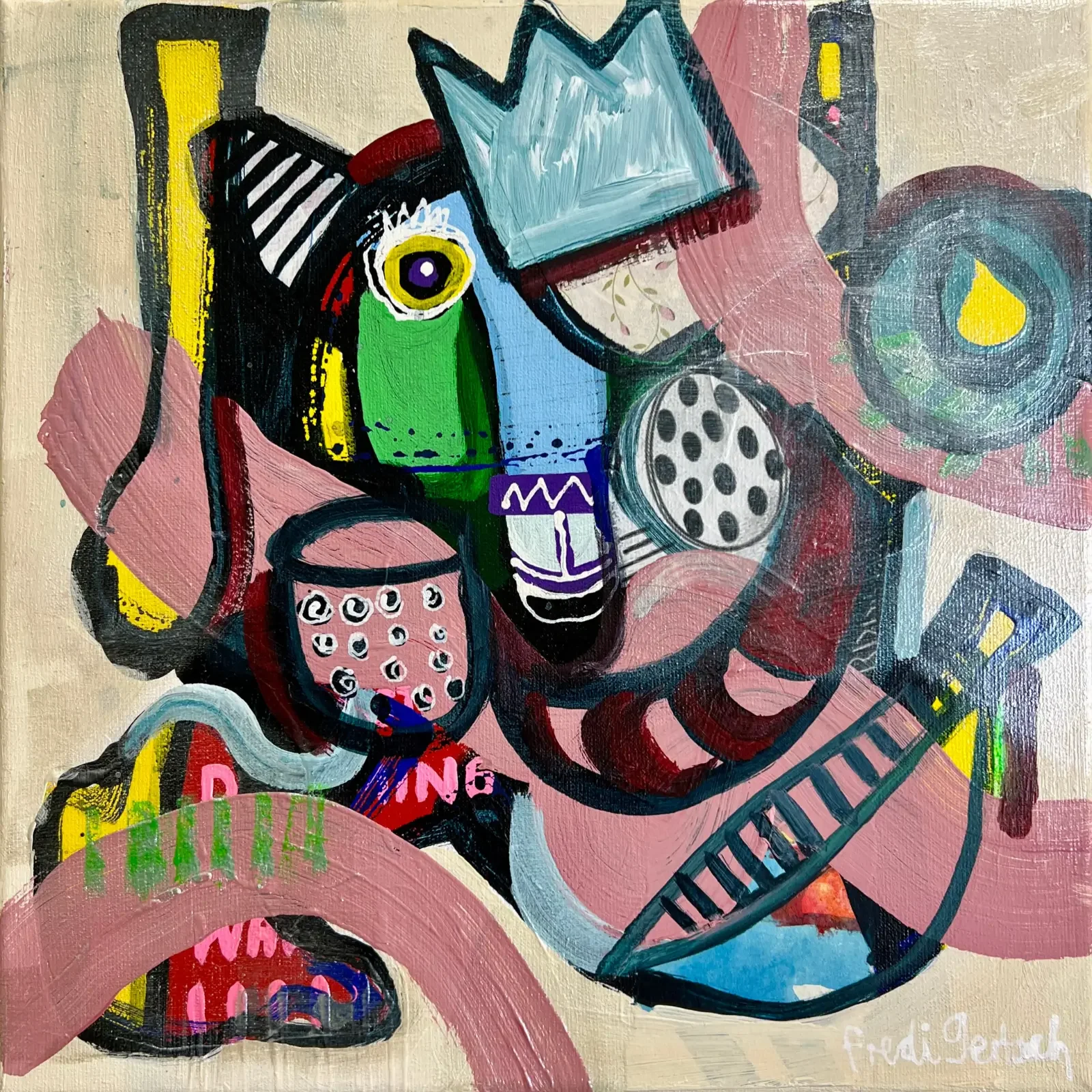 Crown & Circles, Pop Art Acrylgemälde auf Leinwand 30 x 30 cm mit Kuh, Krone und grafischen Kreisen, Fredi Gertsch, 2026