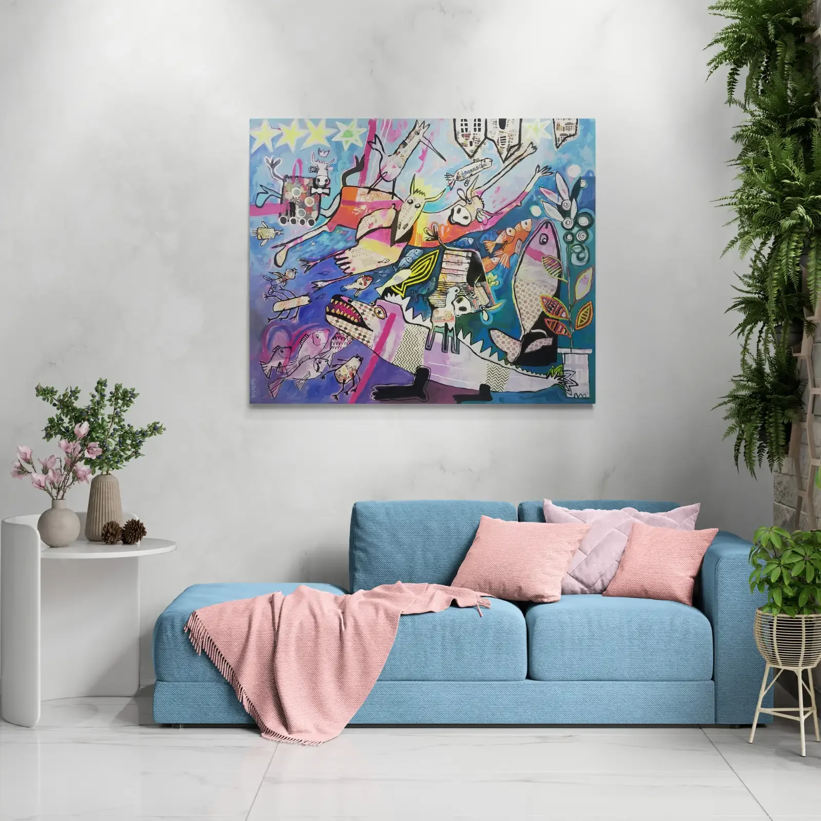 Under The Sea von Fredi Gertsch, Mixed Media Pop Art als grossformatiges Wandbild im Wohnzimmer, 2020