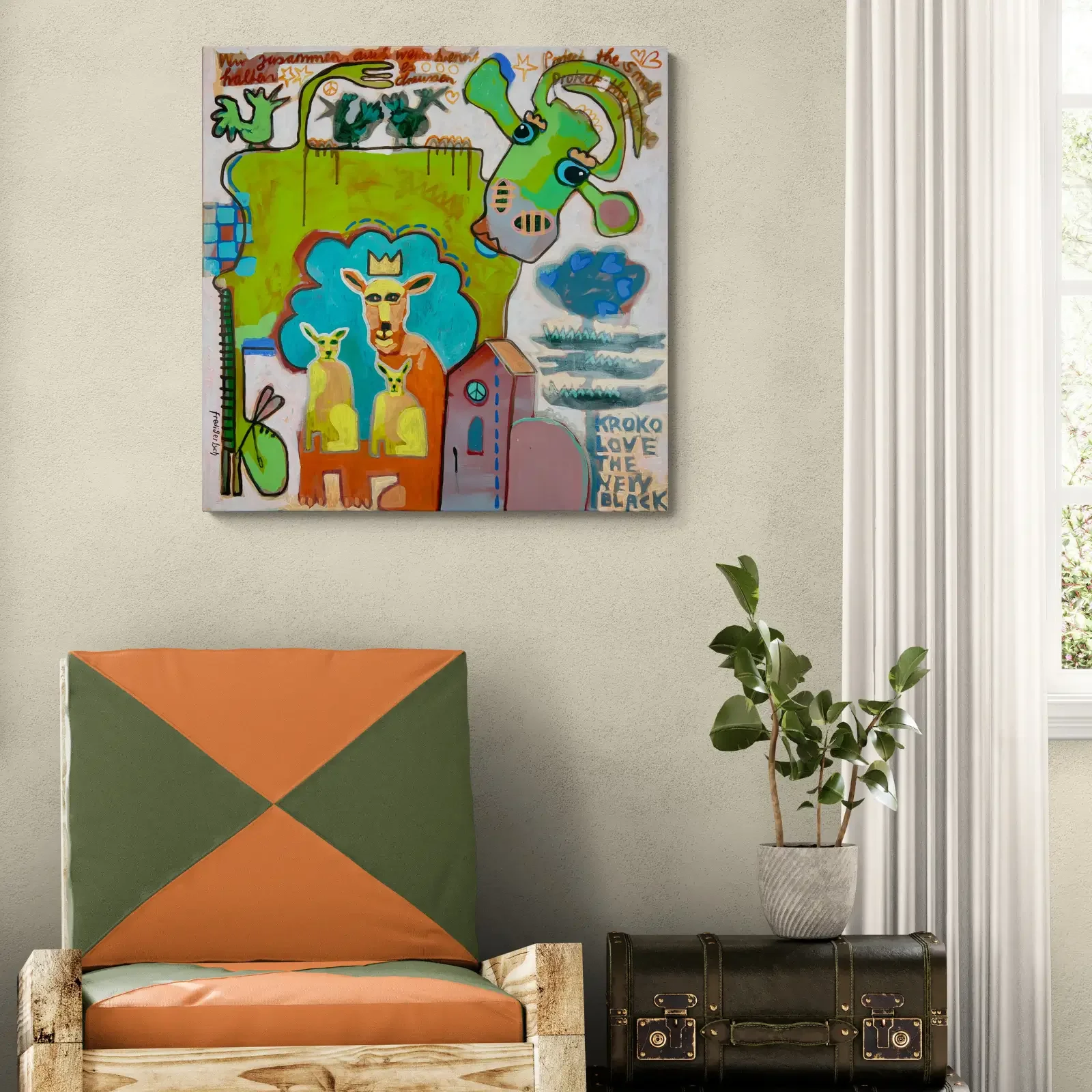 Kroko Love als Pop Art Wandbild im modernen Raum, 80 x 80 cm Acryl auf Leinwand, Fredi Gertsch, 2026