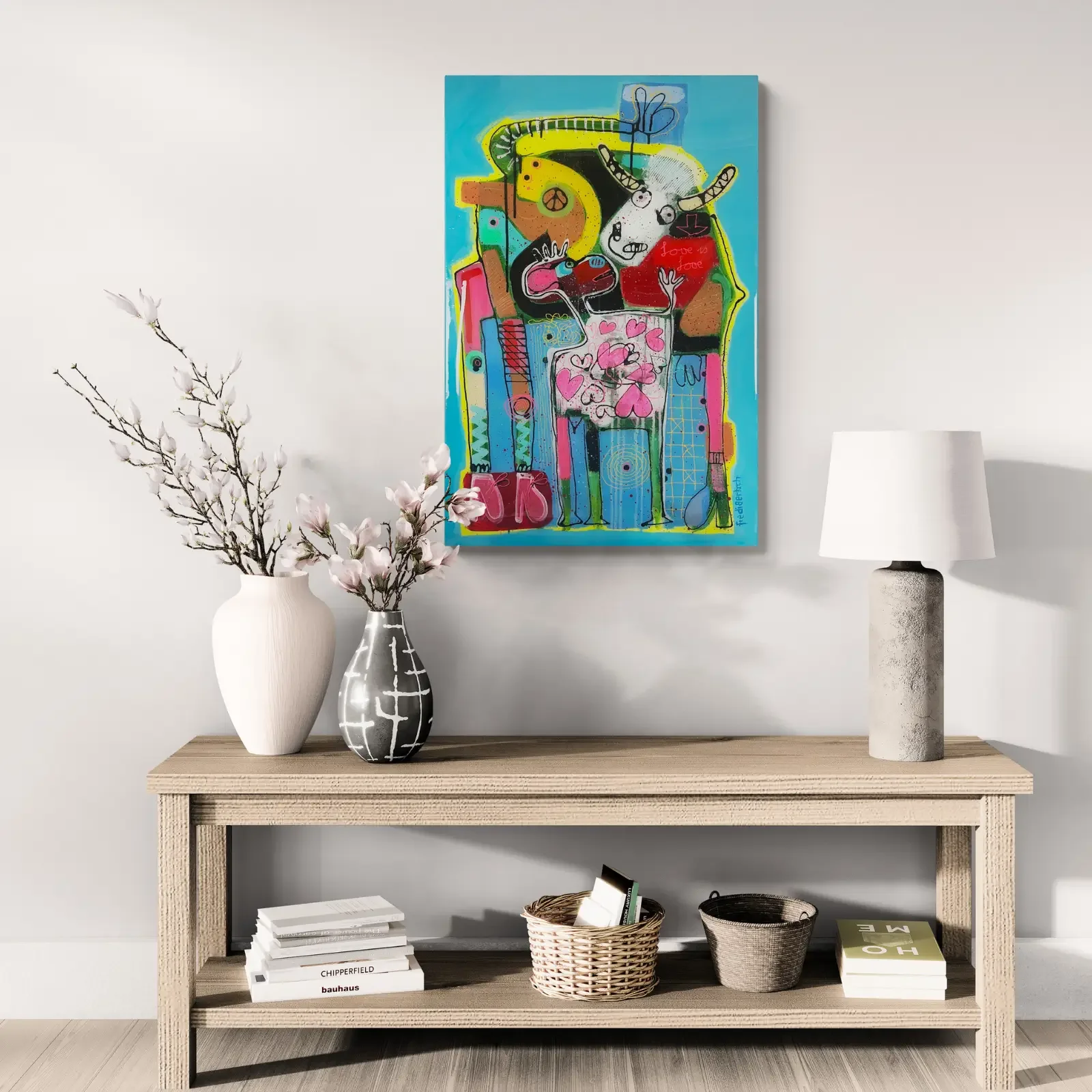 BabyMum – Love Is Love, Pop Art Acrylgemälde von Fredi Gertsch, Wandbild im modernen Flur, Schweizer Kunst, 2024