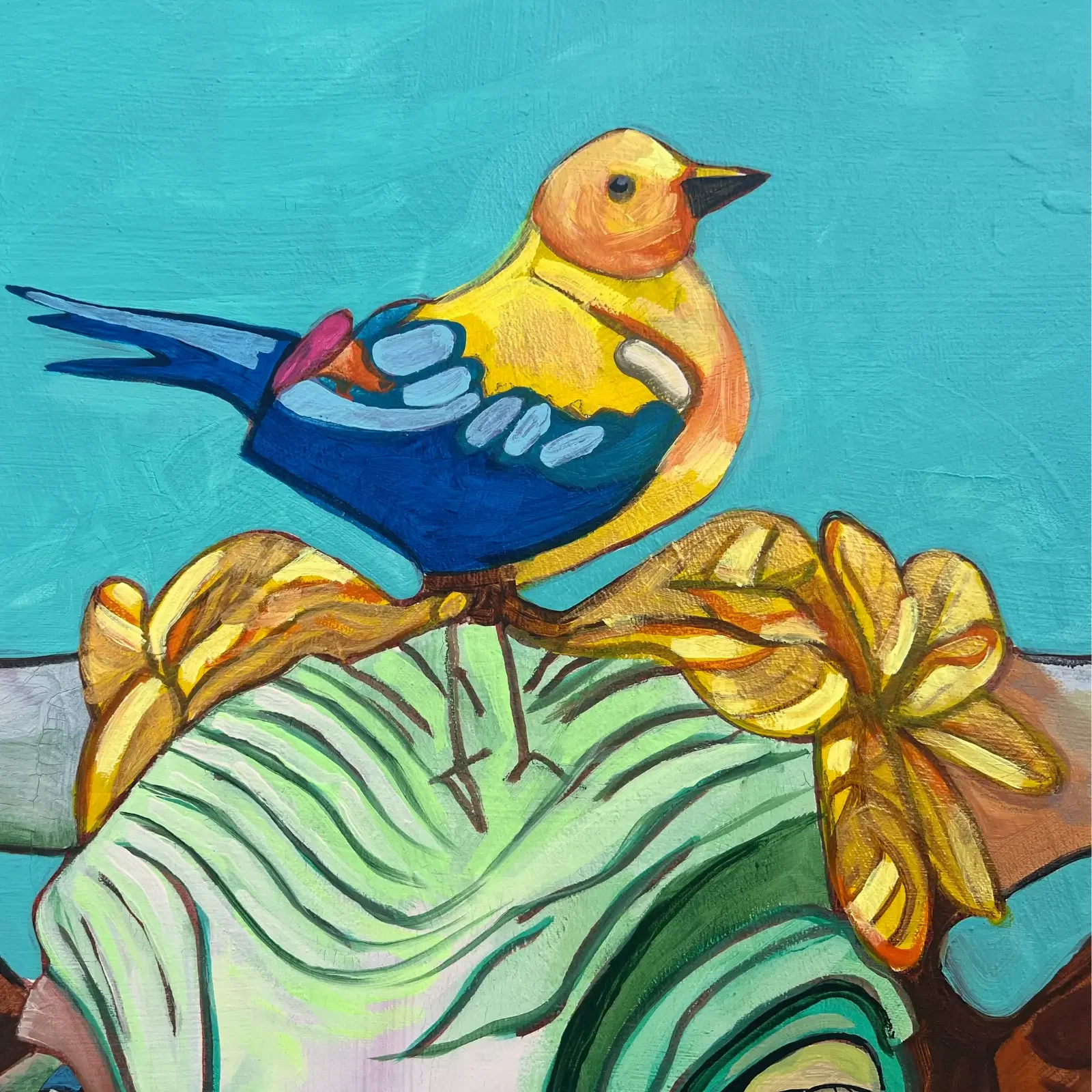 Detail Vogel mit gelben Blumen, Pop Art Acrylgemälde Serena, Fredi Gertsch, 2023