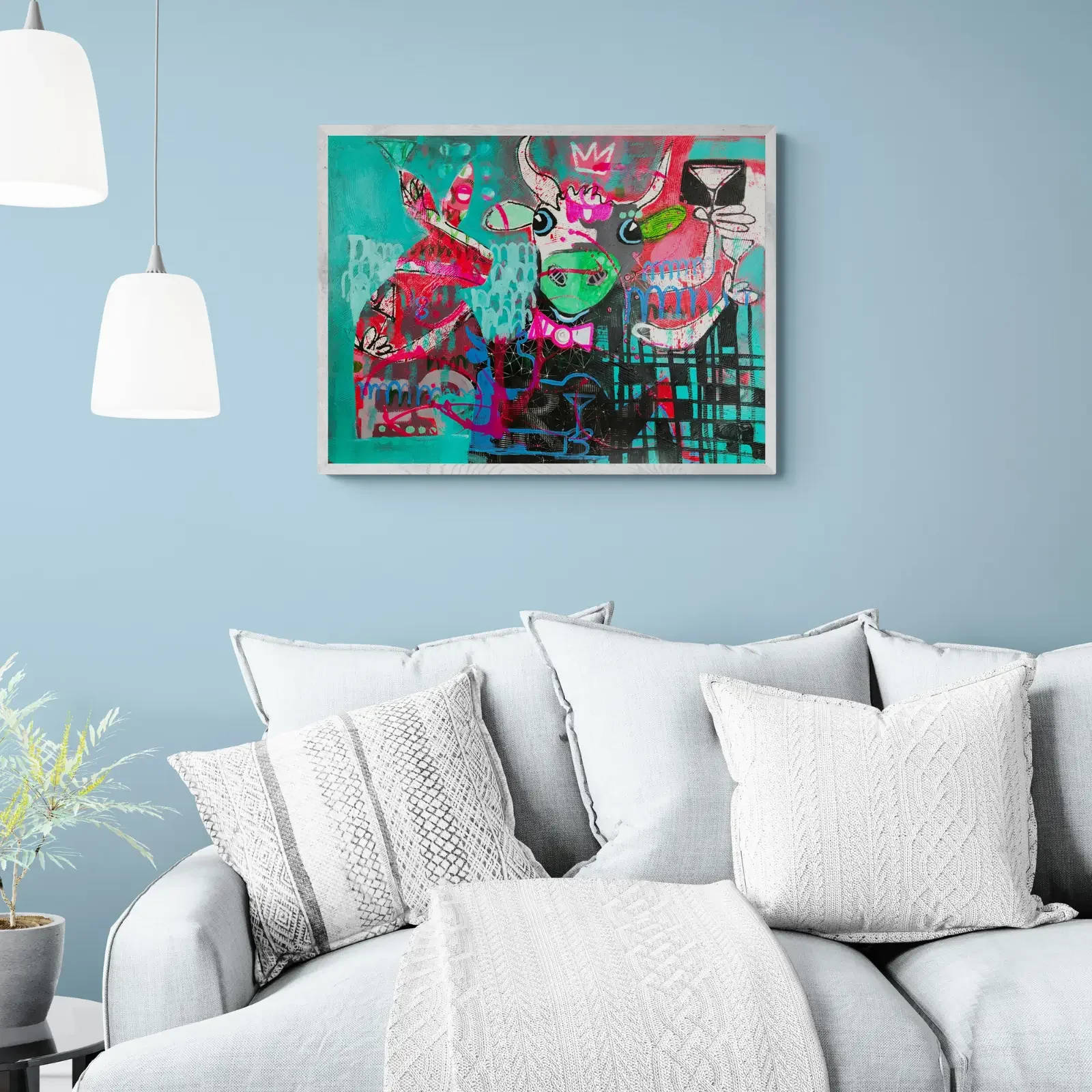 Neon Toast, Pop Art Mixed Media Kunstwerk von Fredi Gertsch, Wandbild im hellen Wohnzimmer, Schweizer Kunst, 2018