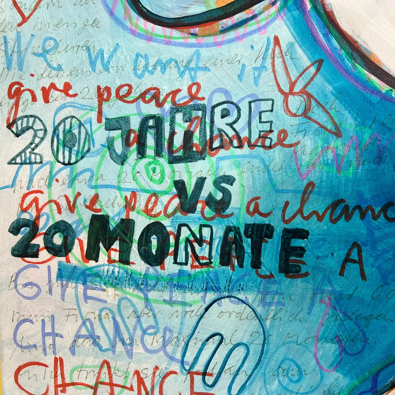 Detail "give peace, love, change", Mixed Media Pop Art Kunstwerk Fiona’s Life, Fredi Gertsch, 2019