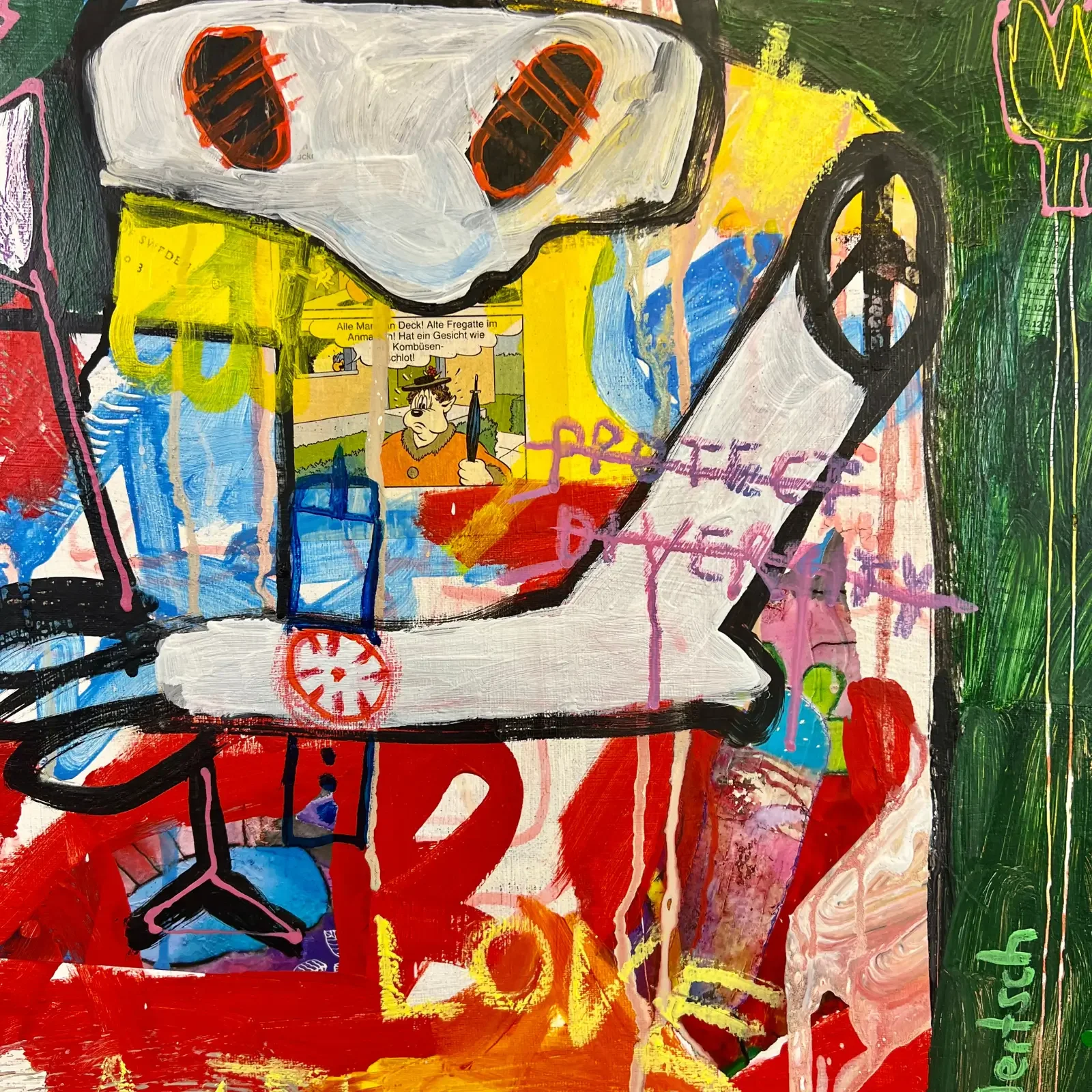 Detail Kuh mit Sonnenbrille, Collage-Elemente, Pop Art Acrylgemälde Partytime, Fredi Gertsch, 2024