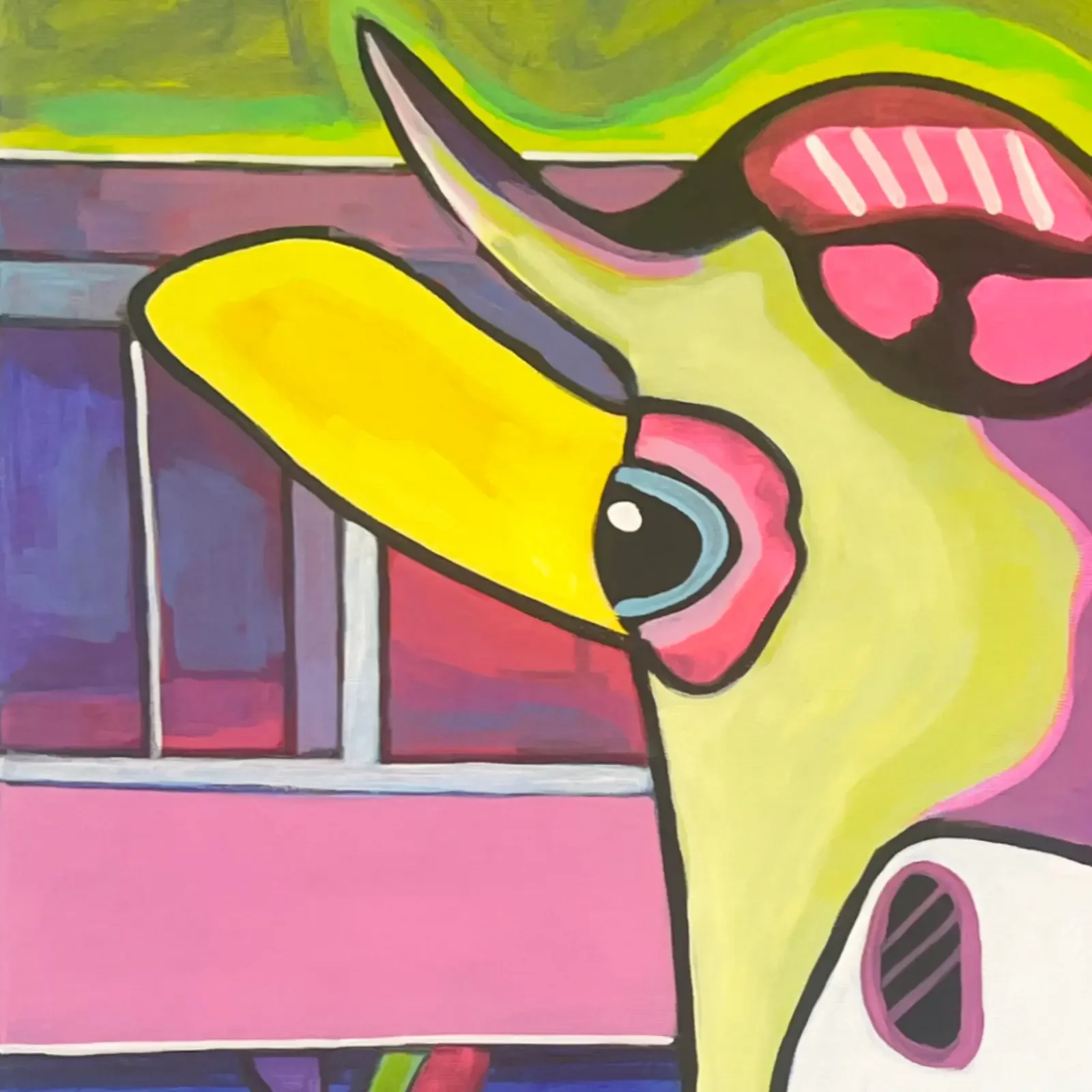 Detail Kuhkopf mit pinken und gelben Akzenten, Pop Art Acrylgemälde Baby Meets David, Fredi Gertsch, 2024