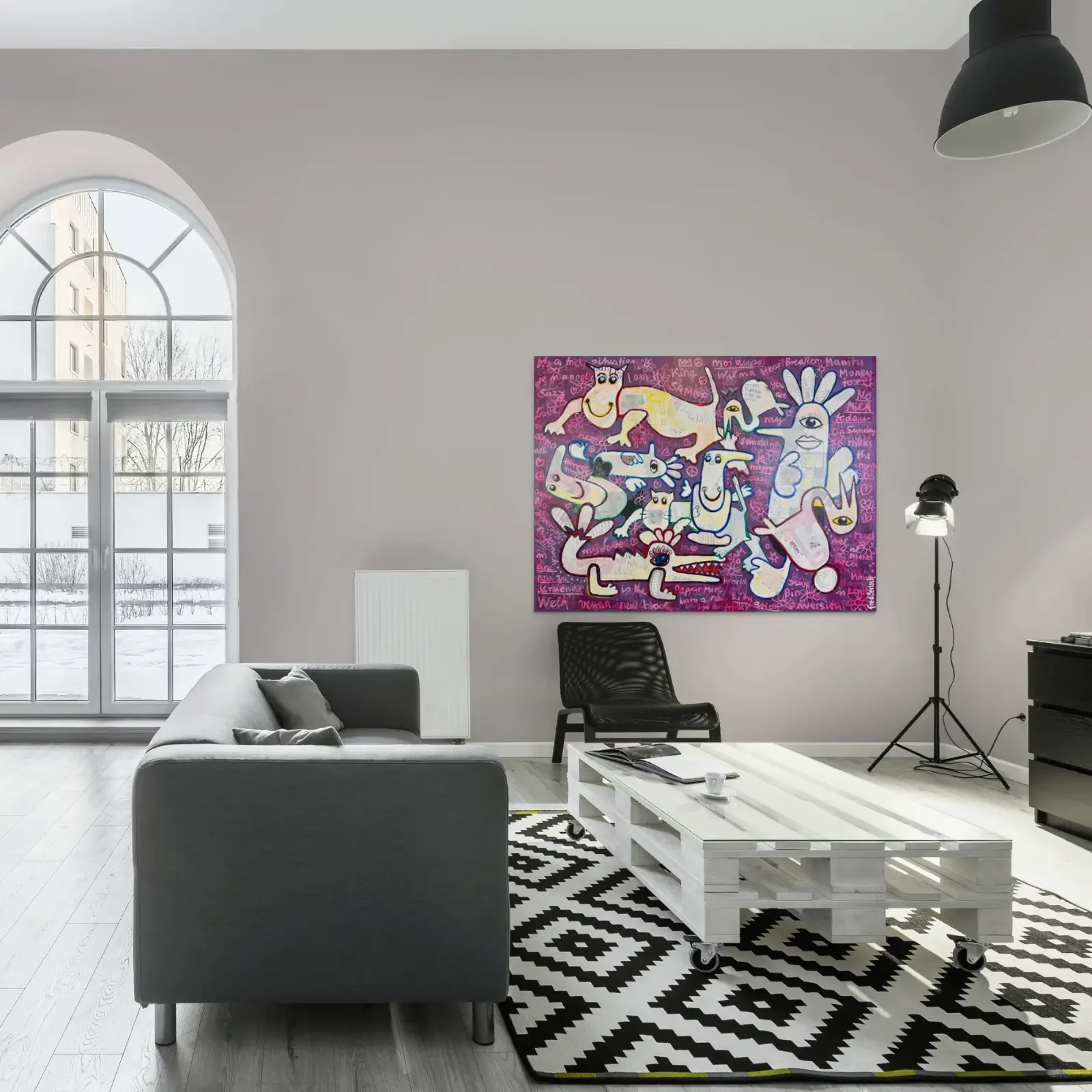 Das Leben ist wie eine Schachtel Pralinen von Fredi Gertsch, grosses Pop Art Wandbild im Wohnzimmer, Schweizer Kunst, 2023