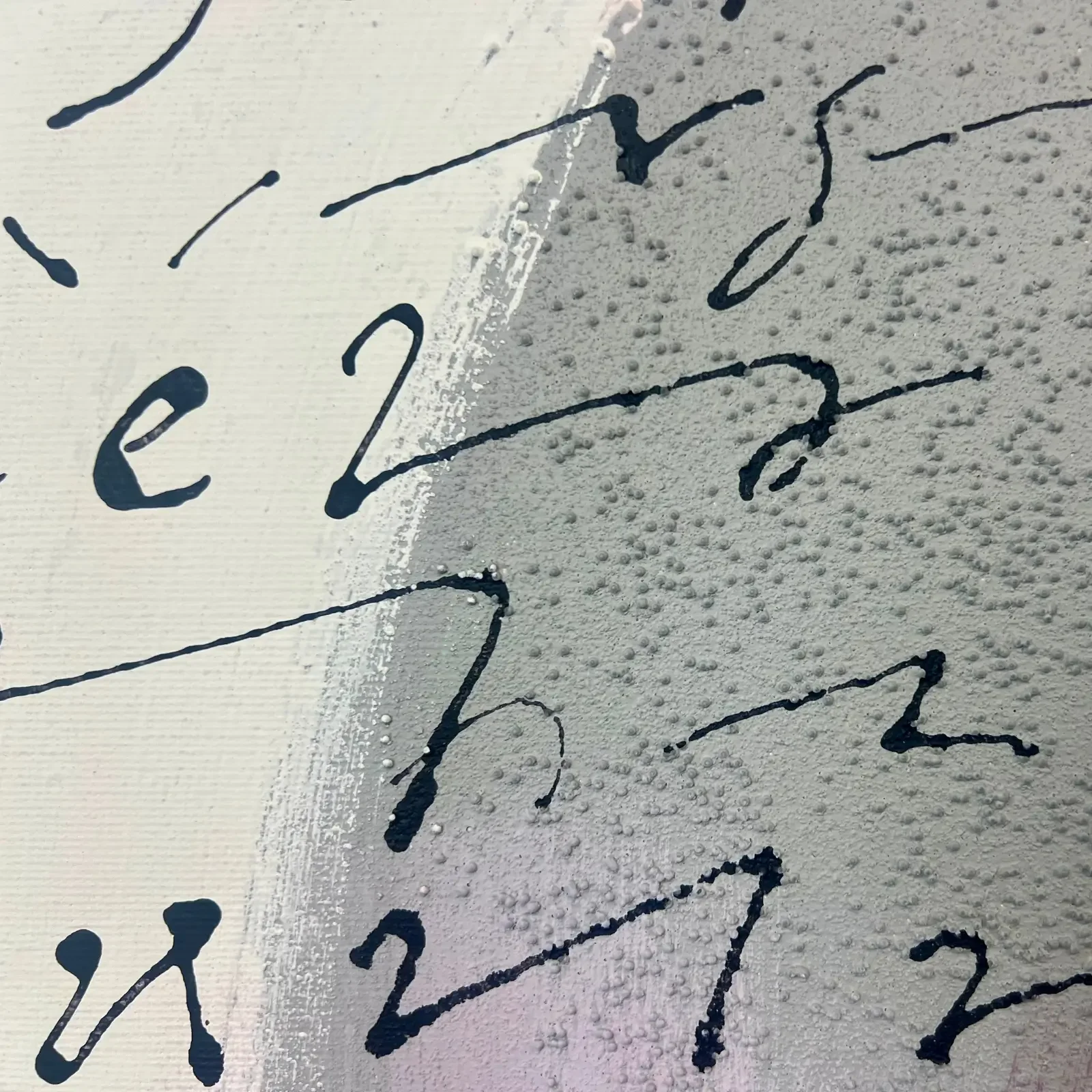 Detailansicht schwarze Handschrift, Acrylgemälde von Fredi Gertsch, Pop Art, 2024