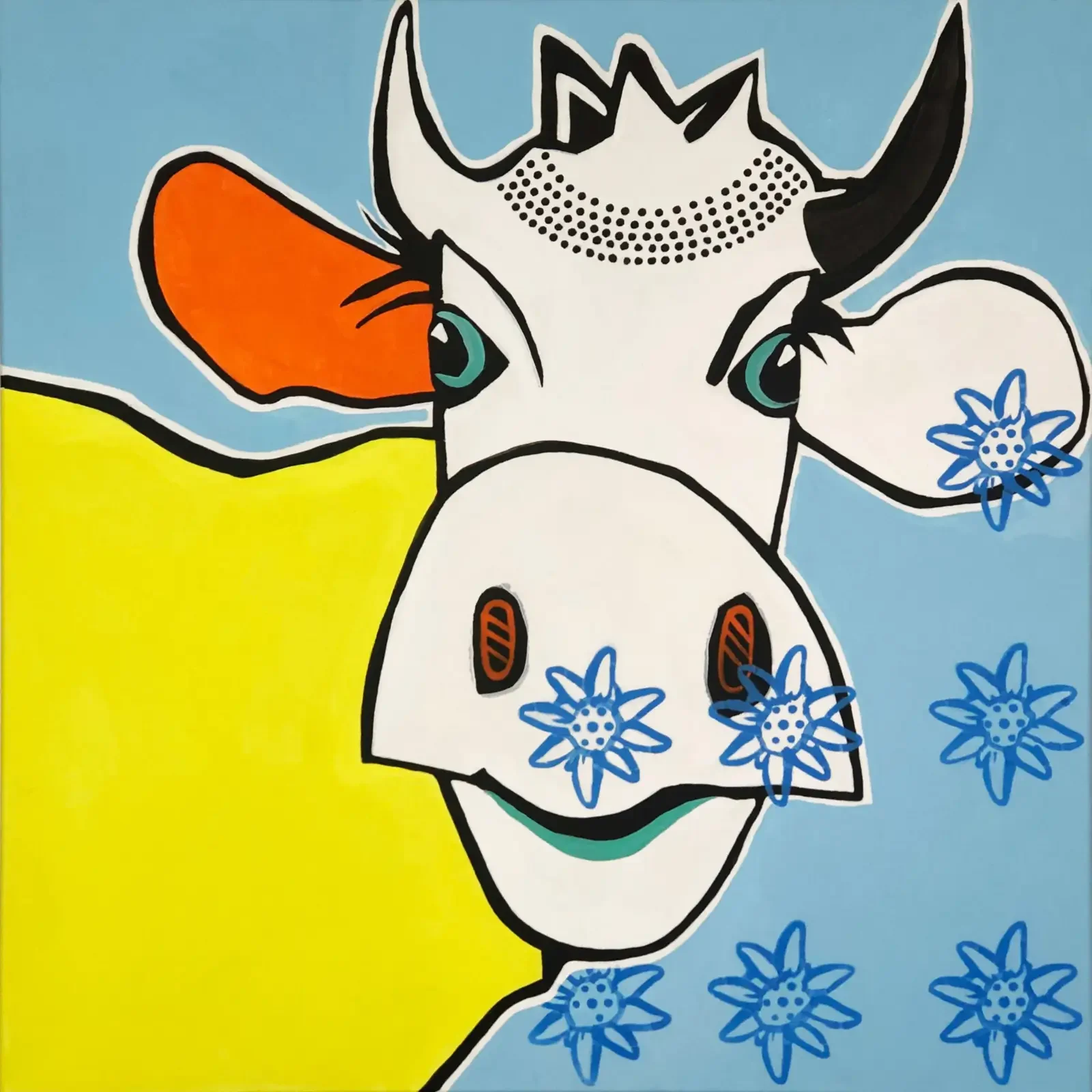 VogelLisi – Edelweiss, Pop Art Acrylgemälde auf Leinwand 80 x 80 cm in Blau und Gelb mit VogelLisi und Edelweiss-Blüten, Fredi Gertsch, 2019