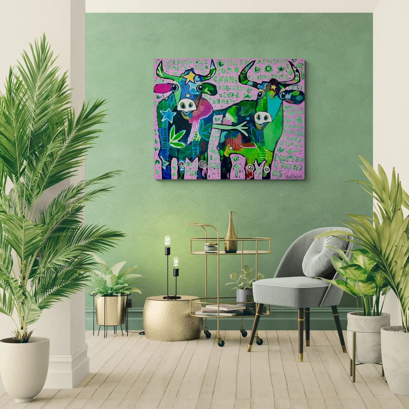 Just Us Two – Be You, Pop Art Acrylgemälde von Fredi Gertsch, Wandbild im grünen Raum, Schweizer Kunst, 2025