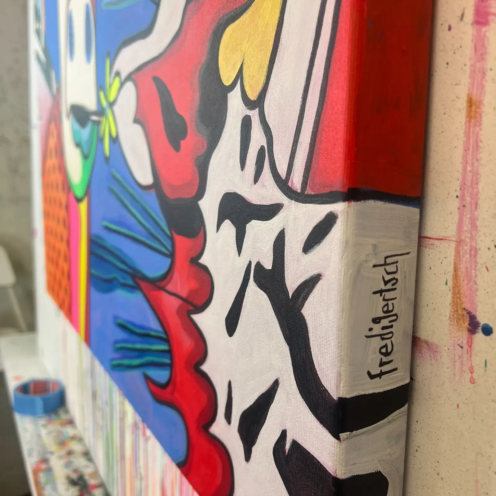 Detail Leinwandkante mit Signatur, Pop Art Acrylgemälde Baby Meets Roy, Fredi Gertsch, 2024