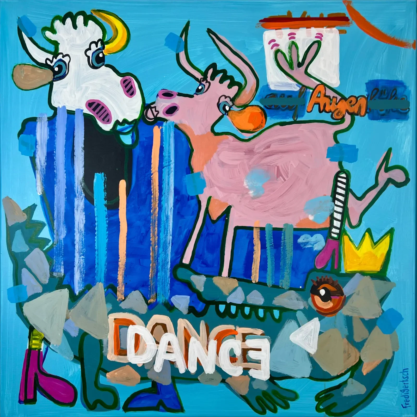 Tanz auf dem Krokodil, Pop Art Acrylgemälde auf Leinwand 80 x 80 cm mit zwei Kühen auf einem Krokodil und Schriftzug DANCE, Fredi Gertsch, 2026