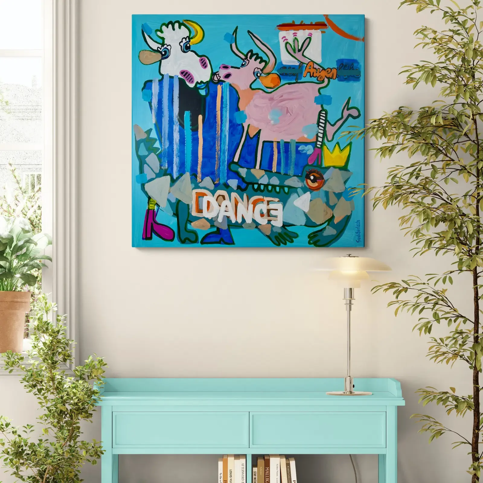 Tanz auf dem Krokodil als Pop Art Wandbild über Sideboard, 80 x 80 cm Acryl auf Leinwand, Fredi Gertsch, 2026