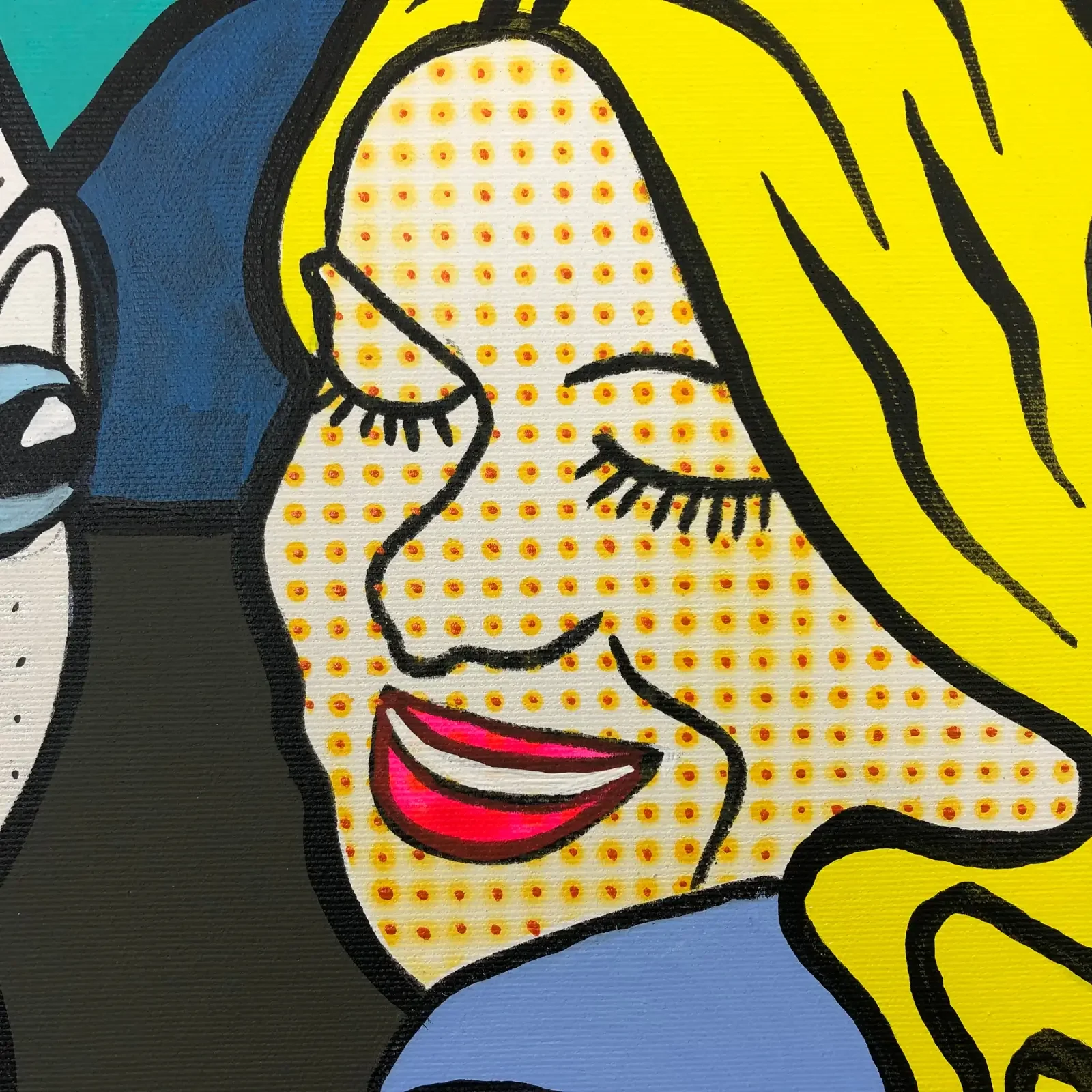 Detail Gesicht der Frau im Comic-Stil, Pop Art Acrylgemälde A Scoundrel Who Thinks…, Fredi Gertsch, 2021