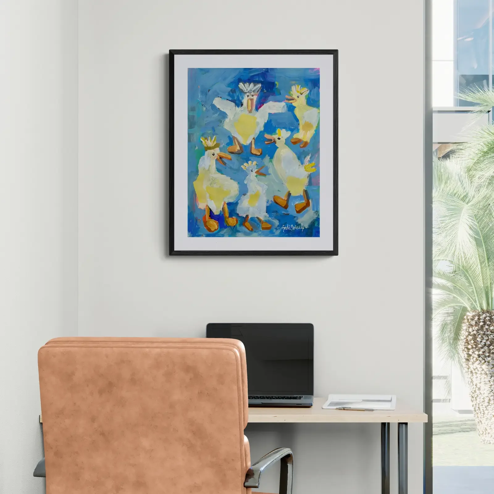 Vogeltanz im Himmelblau, Pop Art Acrylgemälde von Fredi Gertsch, Wandbild im modernen Arbeitszimmer, Schweizer Kunst, 2024