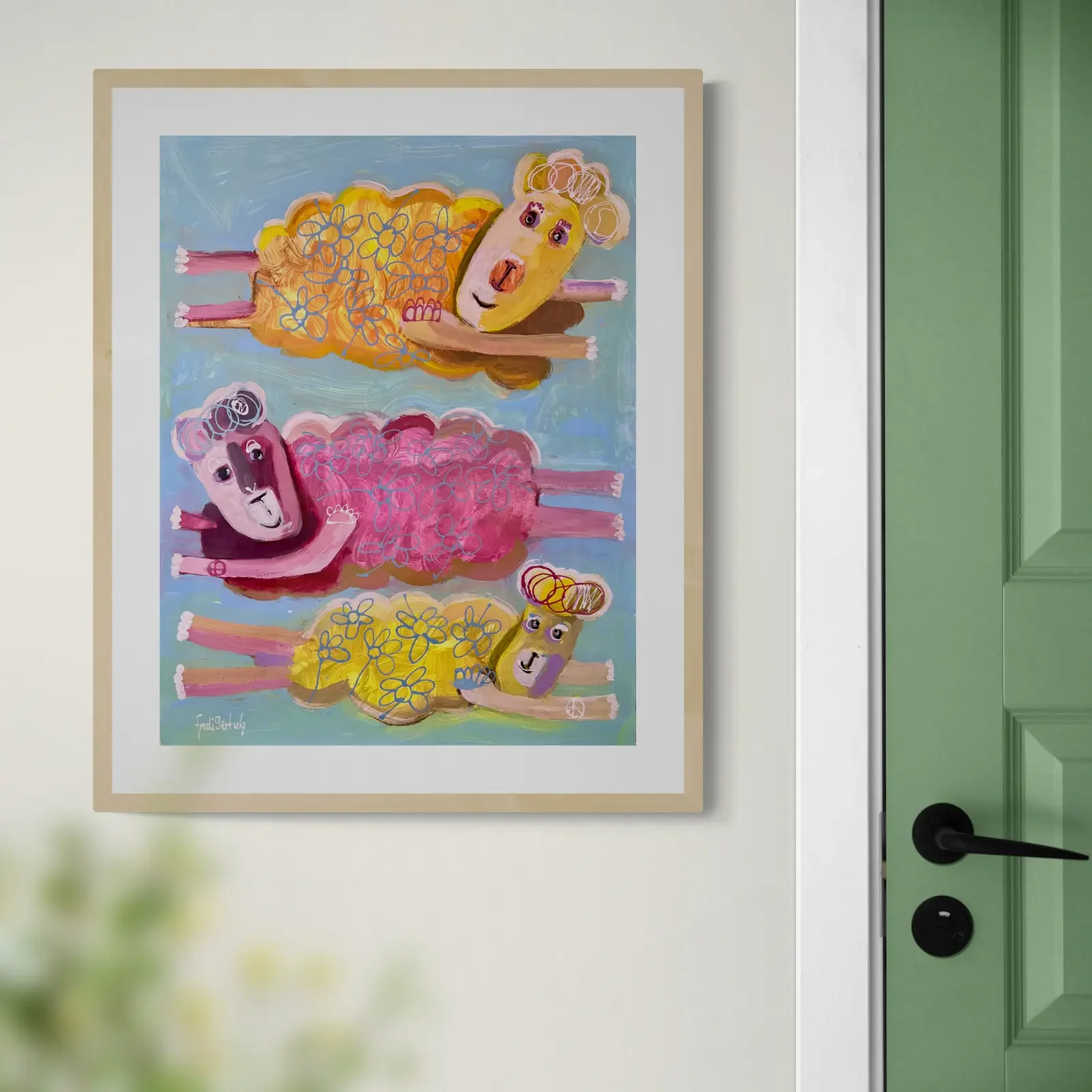Drei Schafe und ein Blumenmeer, Pop Art Acrylgemälde von Fredi Gertsch, gerahmt im Eingangsbereich, Schweizer Kunst, 2024