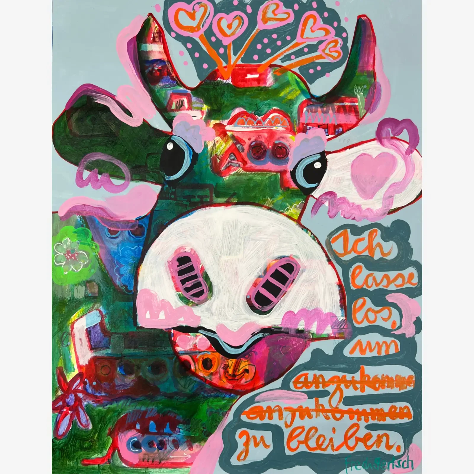 VogelLisi – Ich lasse los, um zu bleiben, Pop Art Acrylgemälde auf Papier 50 x 64 cm mit VogelLisi, Krone, Herzen und Statement-Text, Fredi Gertsch, 2026