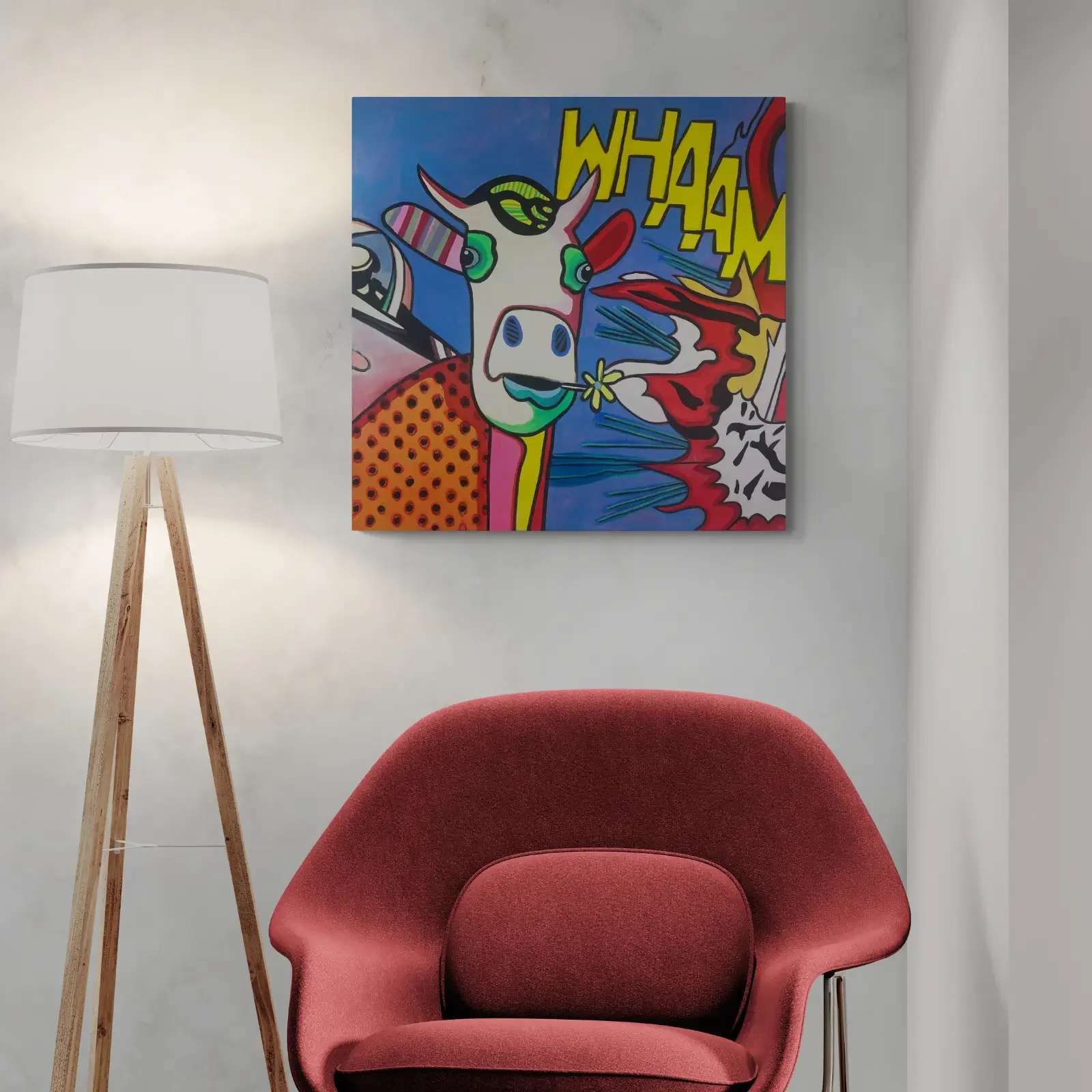 Baby Meets Roy, Pop Art Acrylgemälde von Fredi Gertsch, Wandbild im modernen Wohnzimmer, Schweizer Kunst, 2024