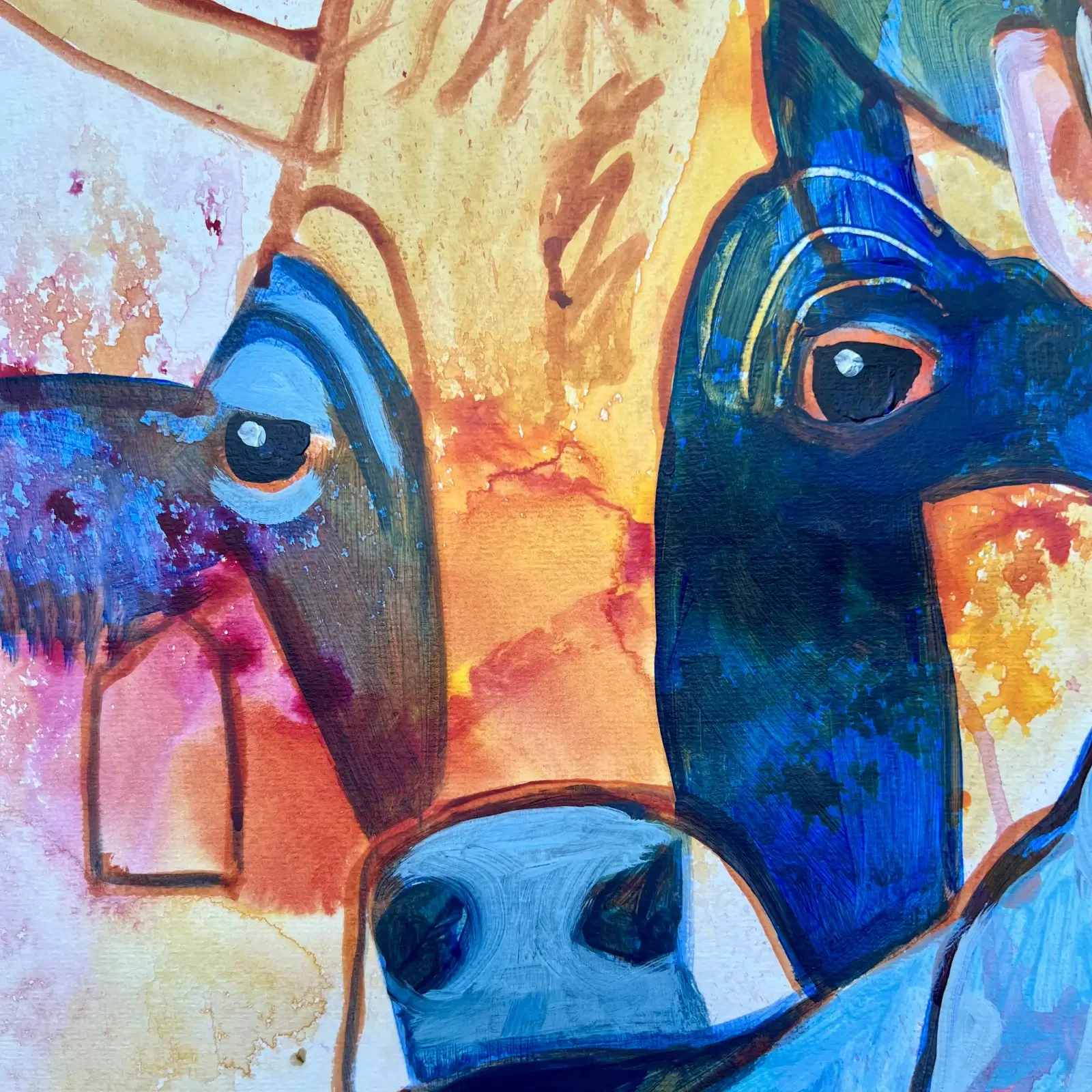 Detail Kuhkopf mit bunten Farben, Pop Art Acrylgemälde Power Women, Fredi Gertsch, 2024