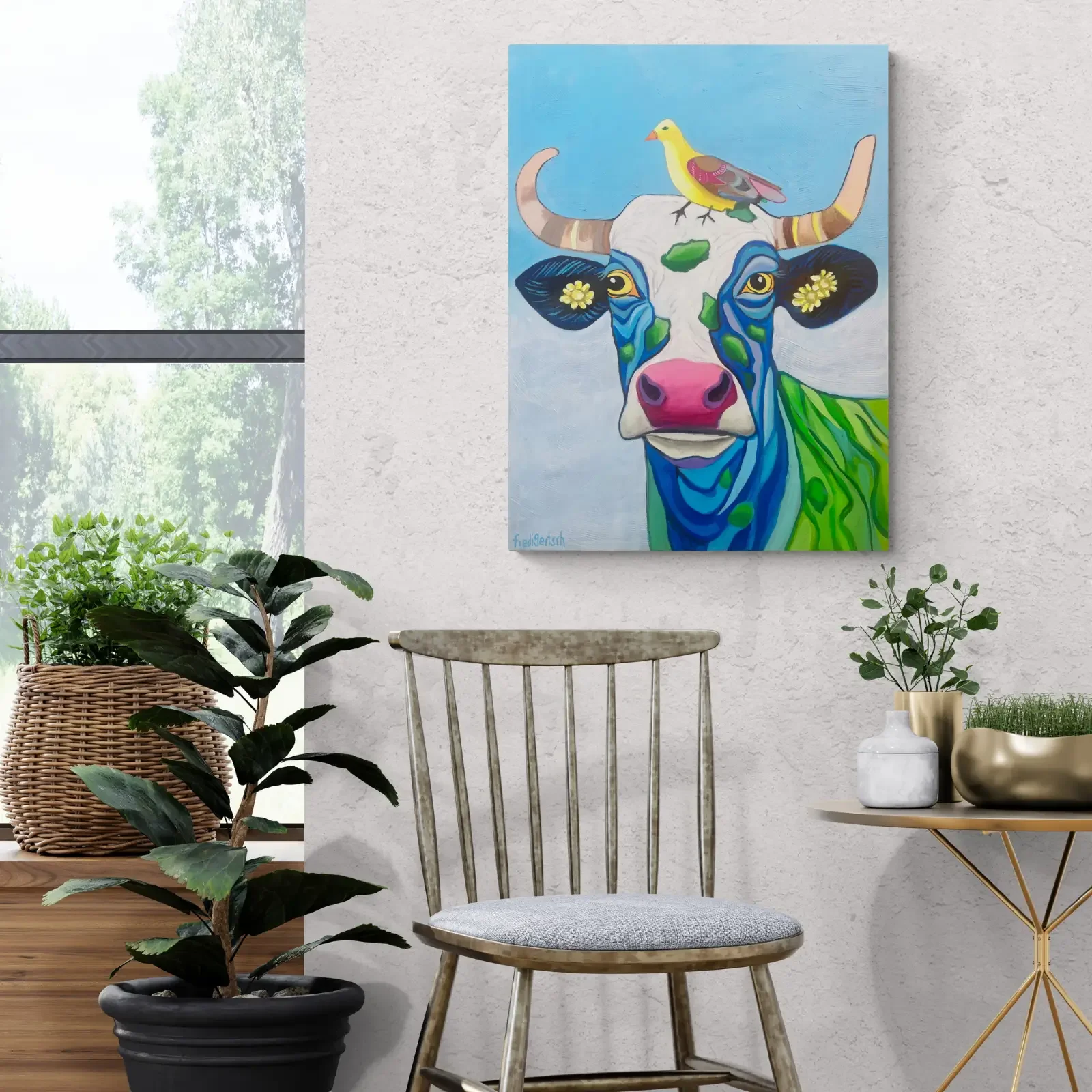 Sunshine & Friends von Fredi Gertsch, Pop Art Acrylgemälde als Wandbild im modernen Wohnzimmer, 2023