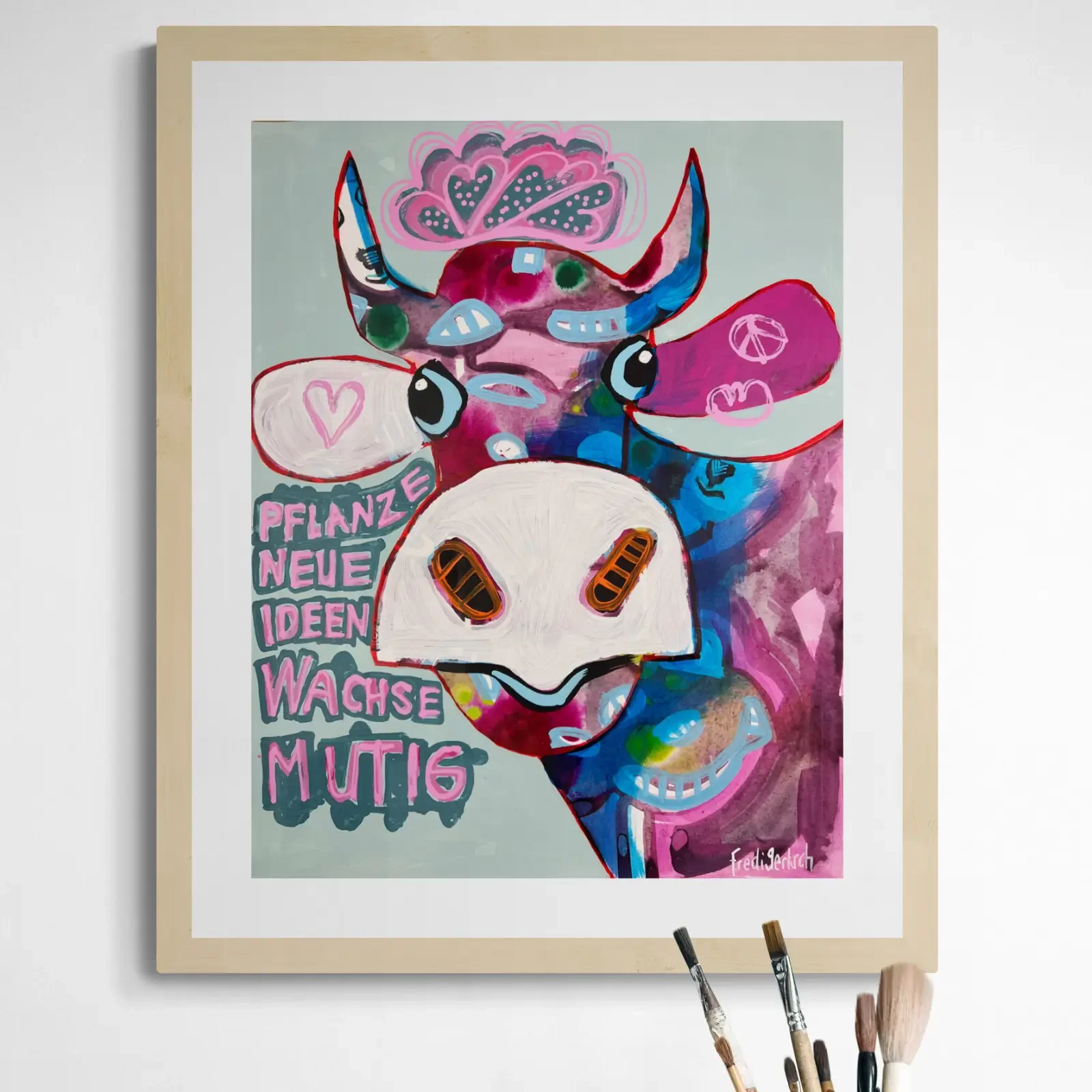 VogelLisi – Pflanze neue Ideen, wachse mutig von Fredi Gertsch, gerahmtes Pop Art Bild im Atelier, 2026