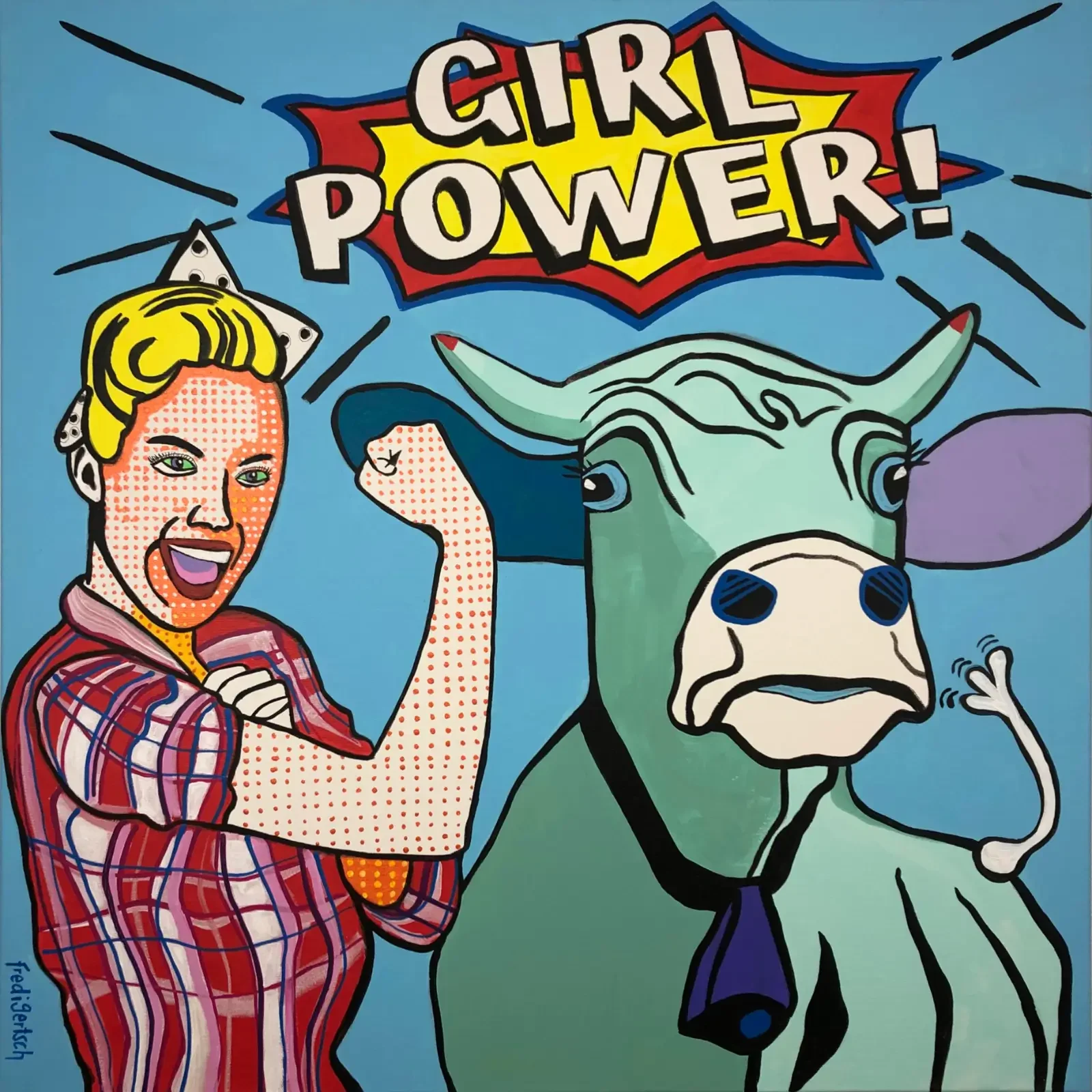 Girl Power!, Pop Art Acrylgemälde auf Leinwand mit Frau im Comic-Stil, Kuh und Schriftzug "Girl Power!", Fredi Gertsch, 2021