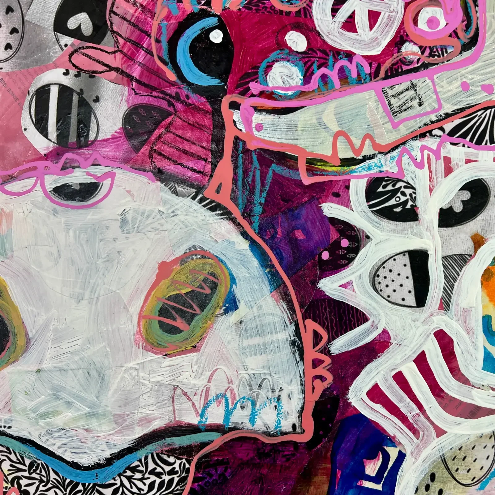 Detail Peace-Zeichen und bunte Linien, Pop Art Acrylgemälde VogelLisi – Pink Peace, Fredi Gertsch, 2026