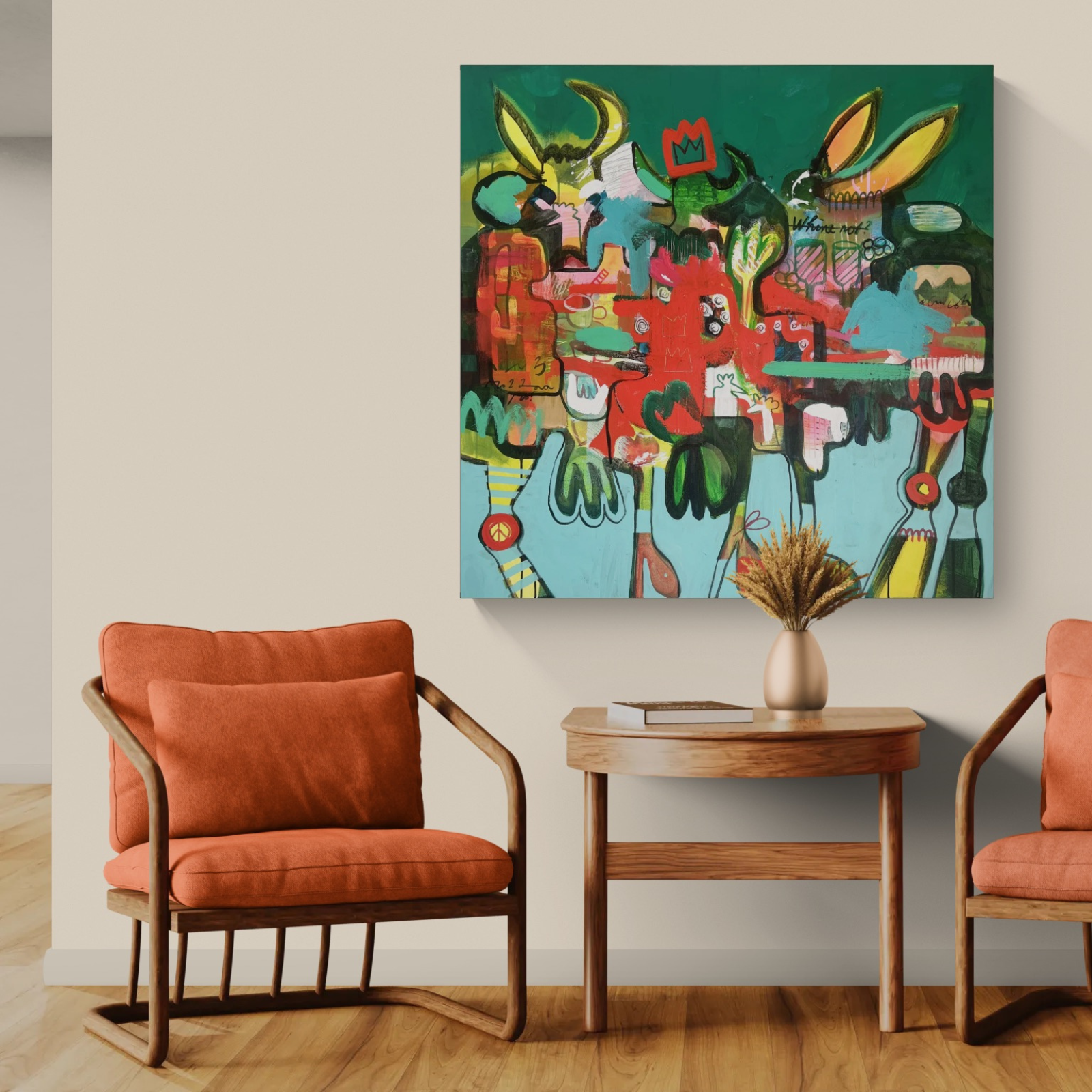 Originalkunst Happy Rebels – Wild Kingdom von Fredi Gertsch über einer Sitzgruppe im Wohnraum