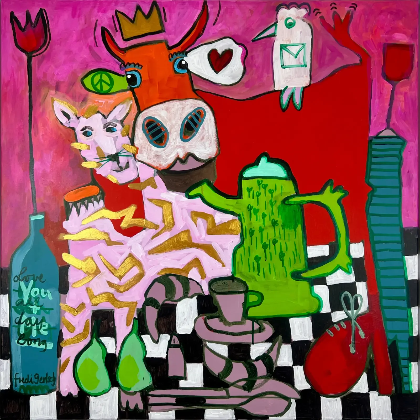 Königin der Herzen, Pop Art Acrylgemälde auf Leinwand 80 x 80 cm in Pink und Rot mit Kuh, Tiger, Krone, Herz und Frühstücksgedeck, Fredi Gertsch, 2026