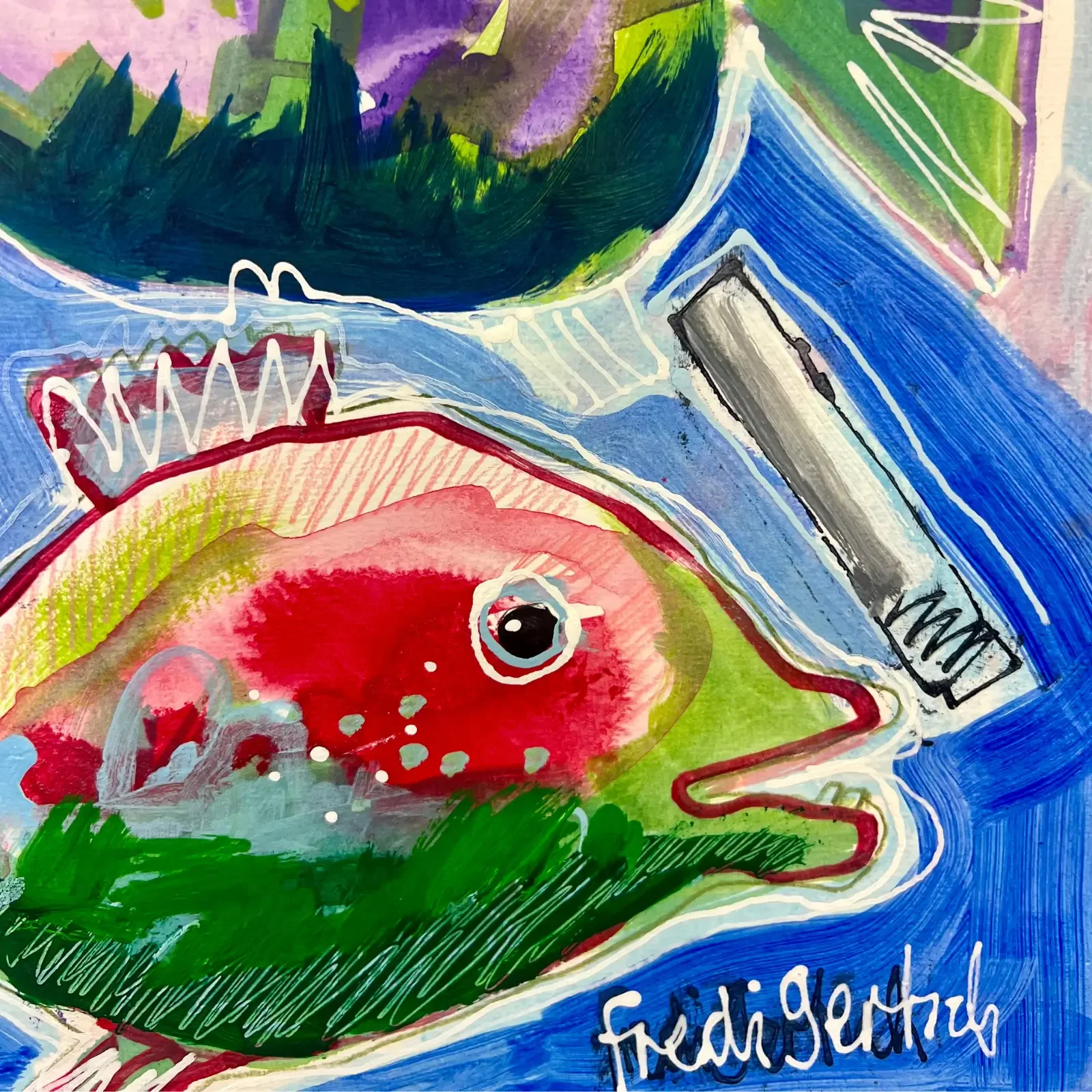 Detail roter und grüner Fisch mit Signatur, Pop Art Acrylgemälde Im Schwarm allein, Fredi Gertsch, 2024