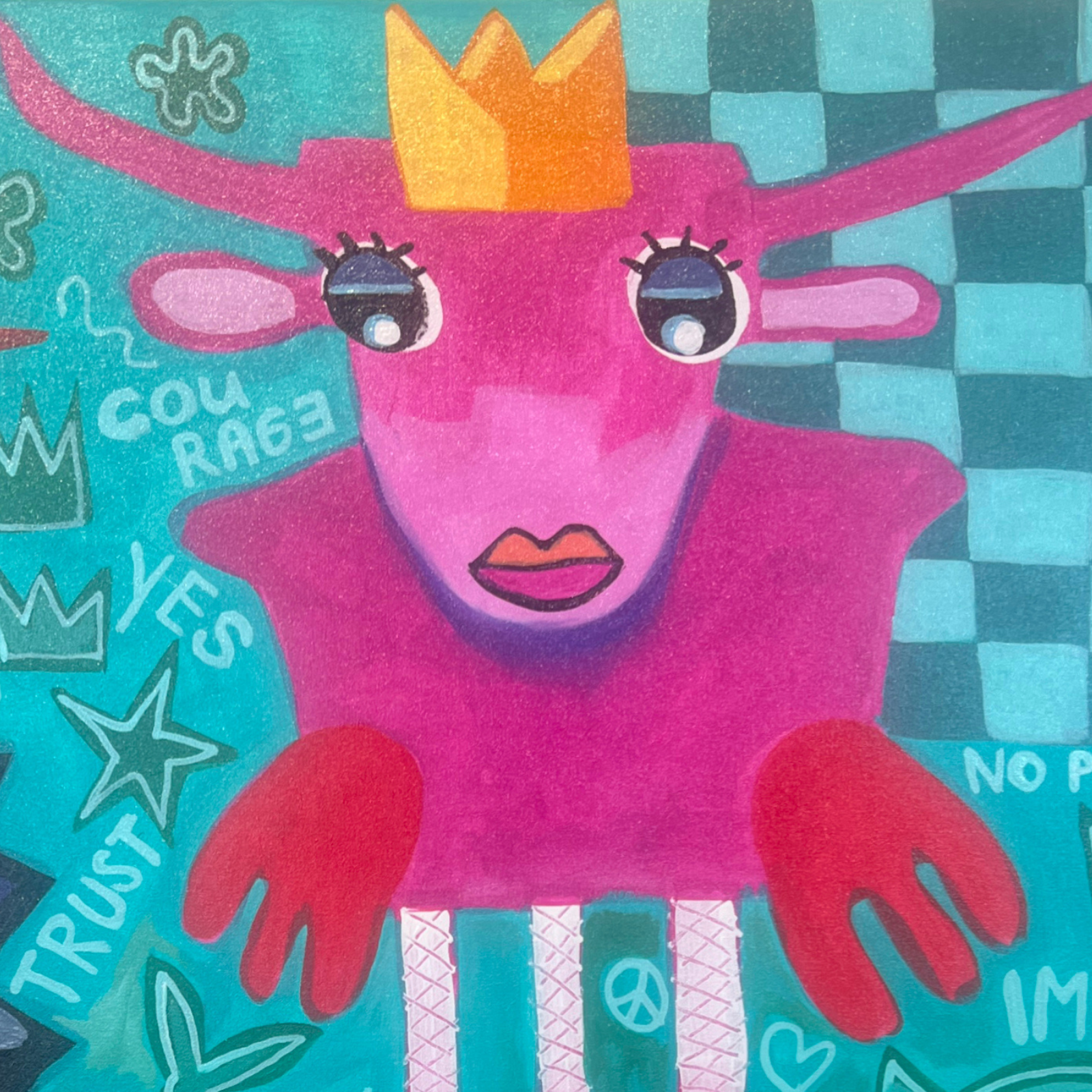 KrokoLove – Trust the Yes als Wandbild in moderner Umgebung, Original 80x100 cm von Fredi Gertsch, Acryl auf Leinwand