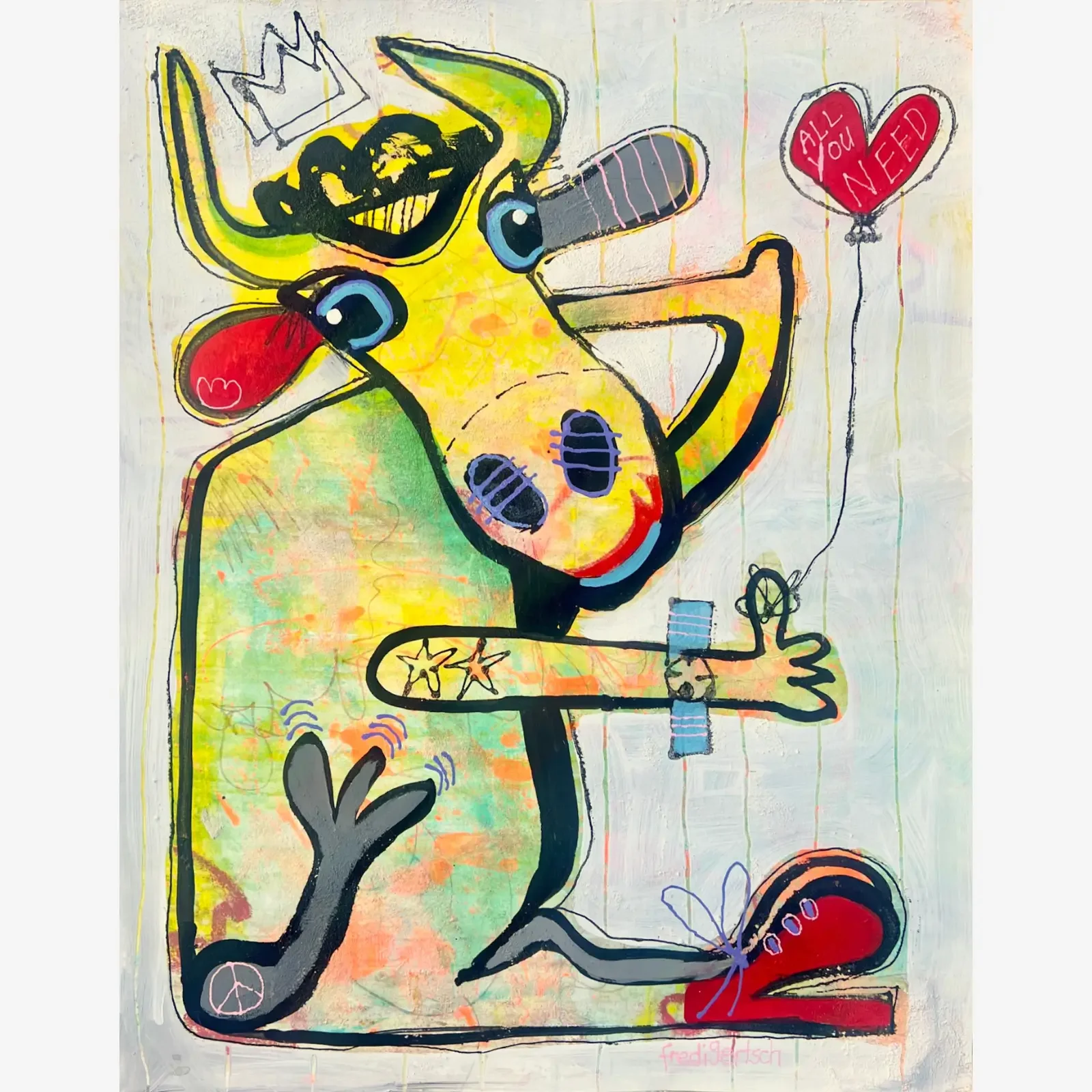 Pop Art Kuh mit Herzballon, Acrylgemälde Baby Love Balloon von Fredi Gertsch, 2026